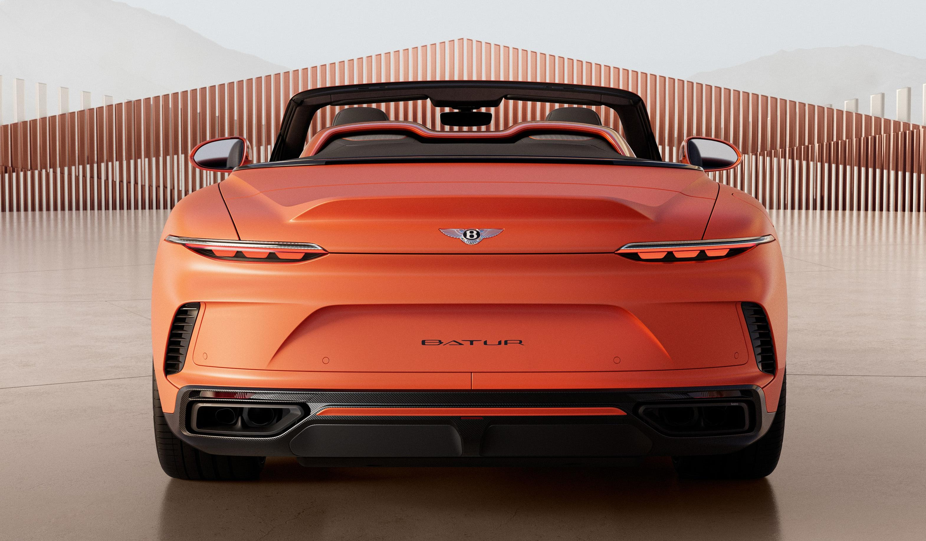 Rear view of an orange Bentley Batur Convertible