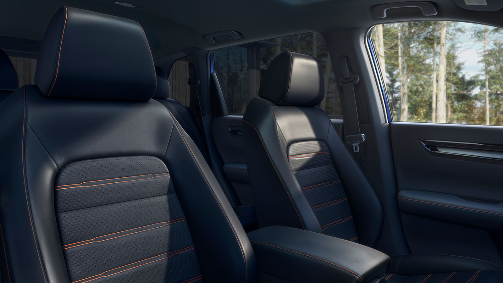 A photo of the black leather seats in a Honda CR-V Hybrid. 