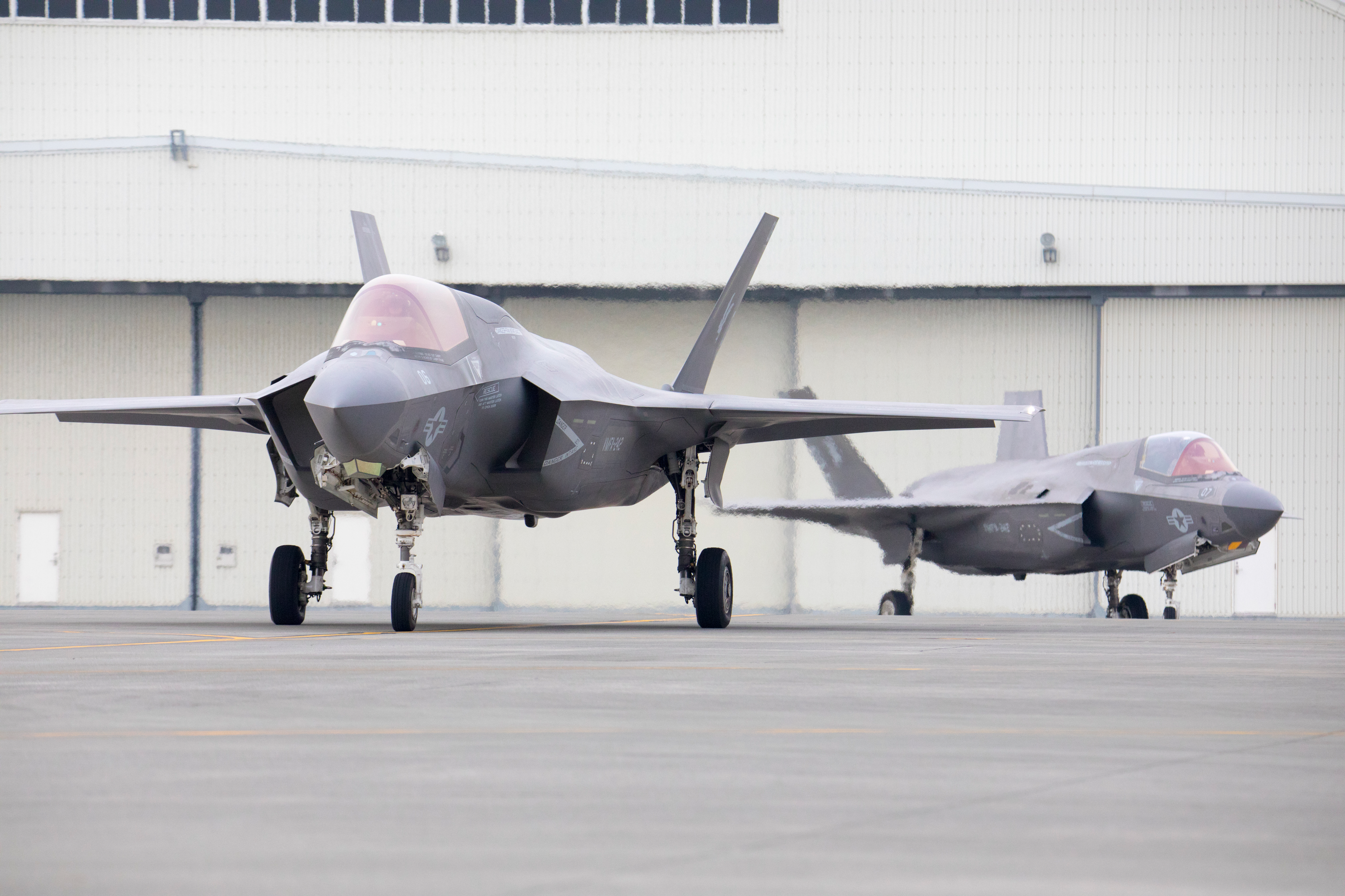 U.S. Marine Corps F-35B Lightning II aircraft with Marine Fighter Attack Squadron (VMFA) 242 taxi the flight line at Marine Corps Air Station Iwakuni, Japan, Nov. 17, 2022.