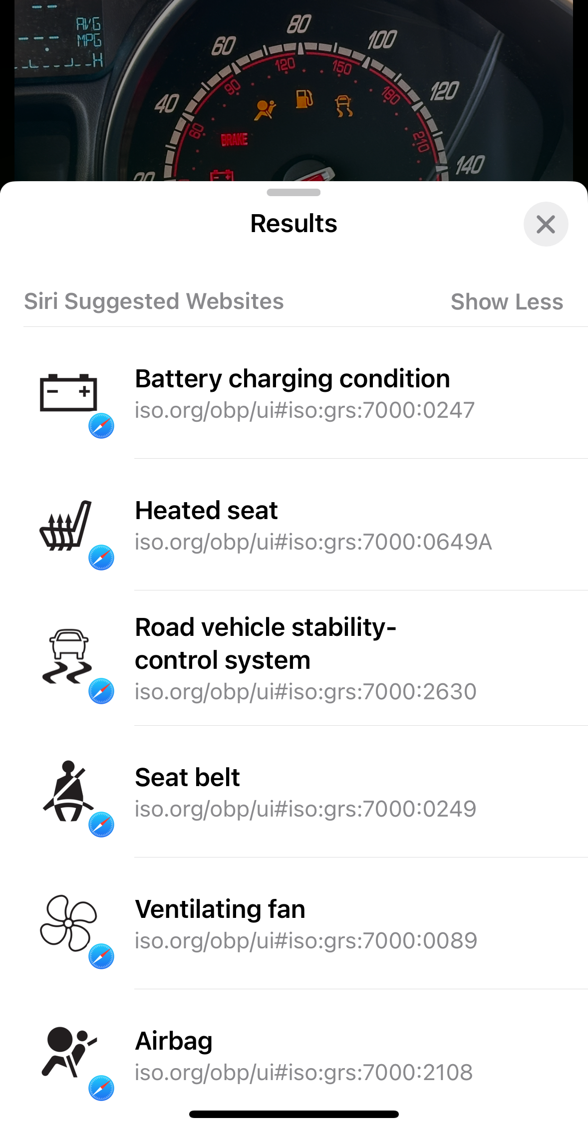 Image of Visual Look Up being used to identify car instrument cluster icons in iOS 17.