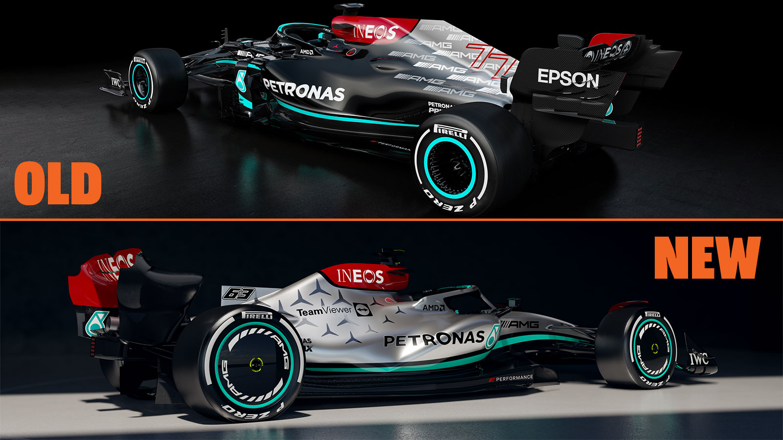 A side by side comparison of the 2022 and 2021 Mercedes F1 cars. 