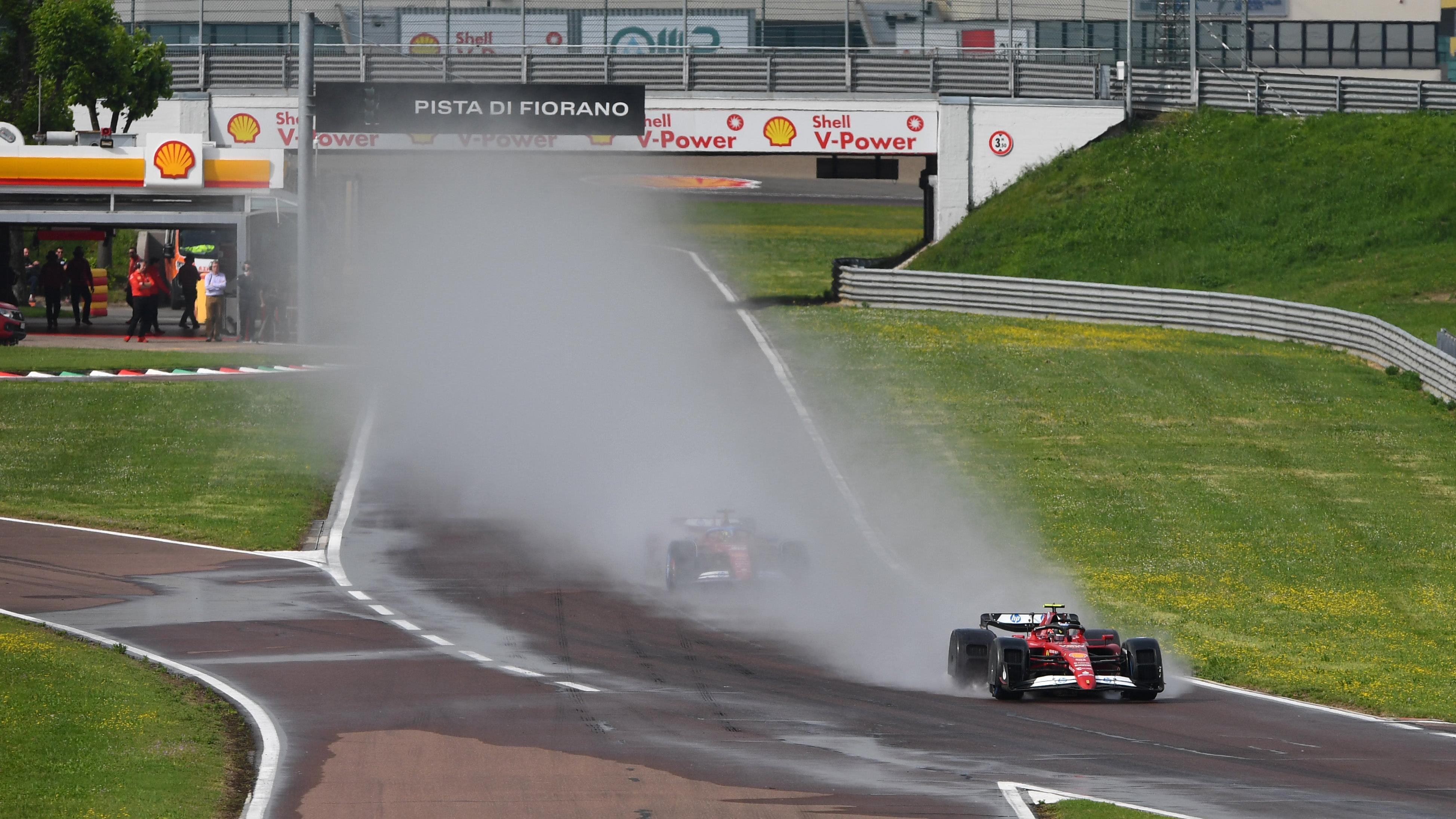  Ferrari test drivers Arthur Leclerc of Monaco and Scuderia Ferrari leads Oliver Bearman of Great Britain Scuderia Ferrari on track during the Ferrari F1 Spray Guard Testing Session at Fiorano Circuit on May 09, 2024 in Fiorano Modenese, Italy.