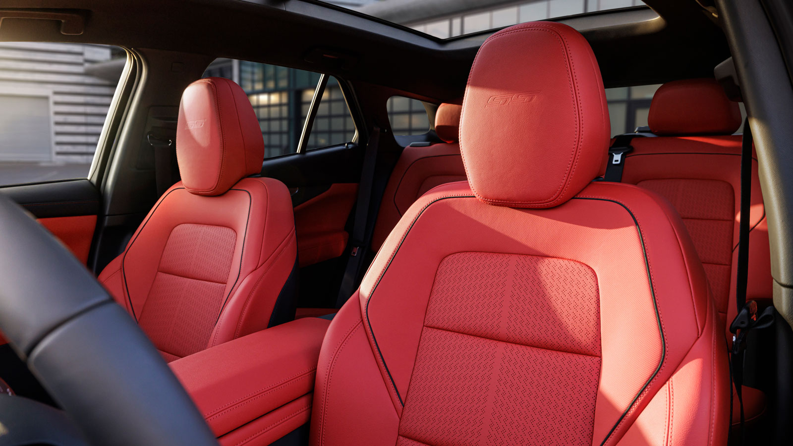 A photo of the bright red leather seats in the Chevrolet Blazer EV. 