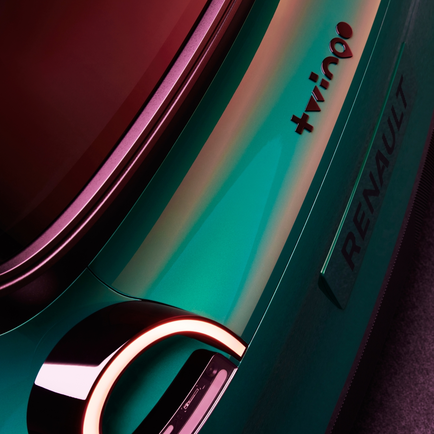 A detailed render of the rear end of the new Twingo Electric. It has an adorably stylized twingo script and rainbow-shaped tail light elements.