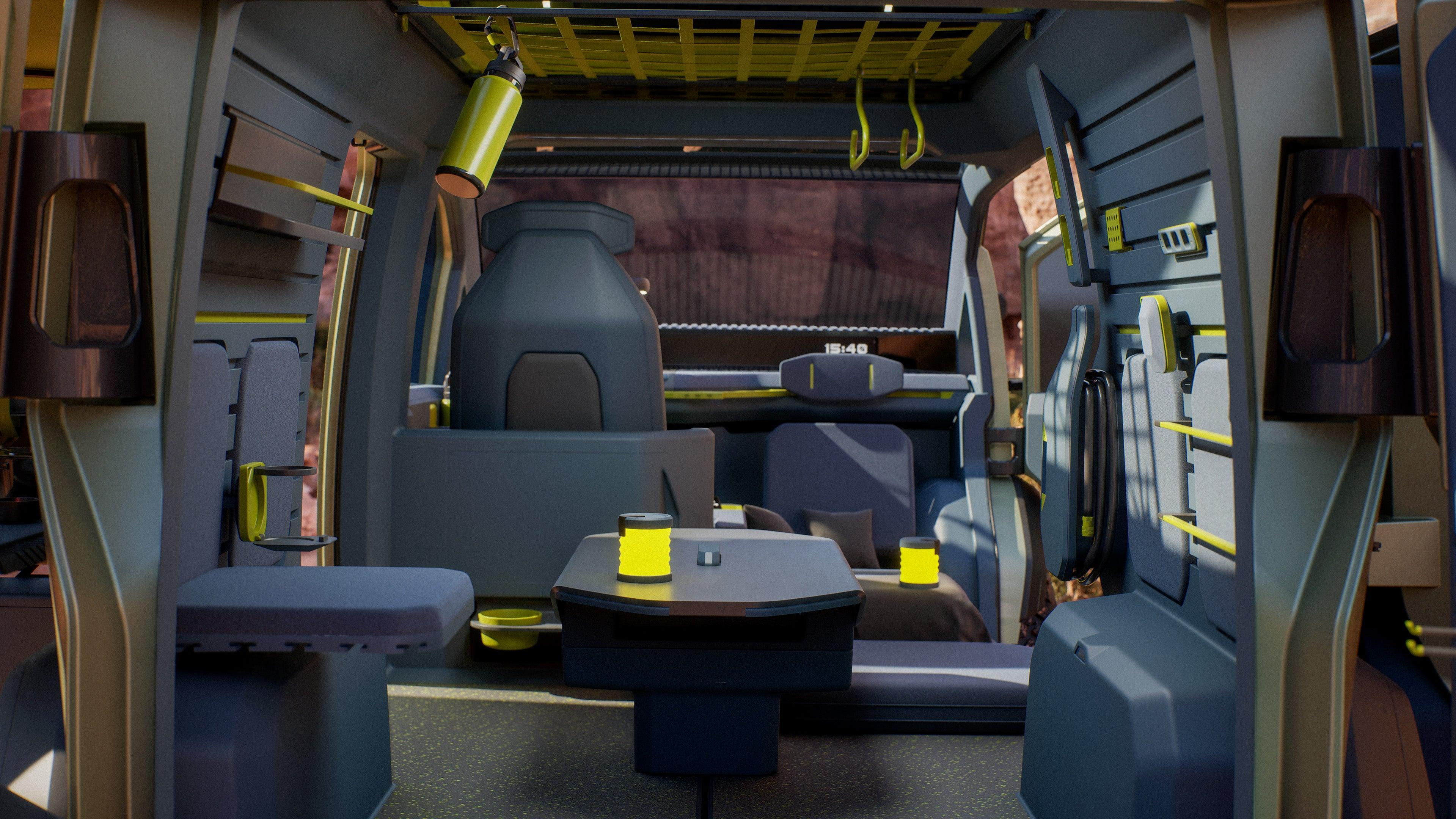 a render of the interior of the rear of the kia wkndr van