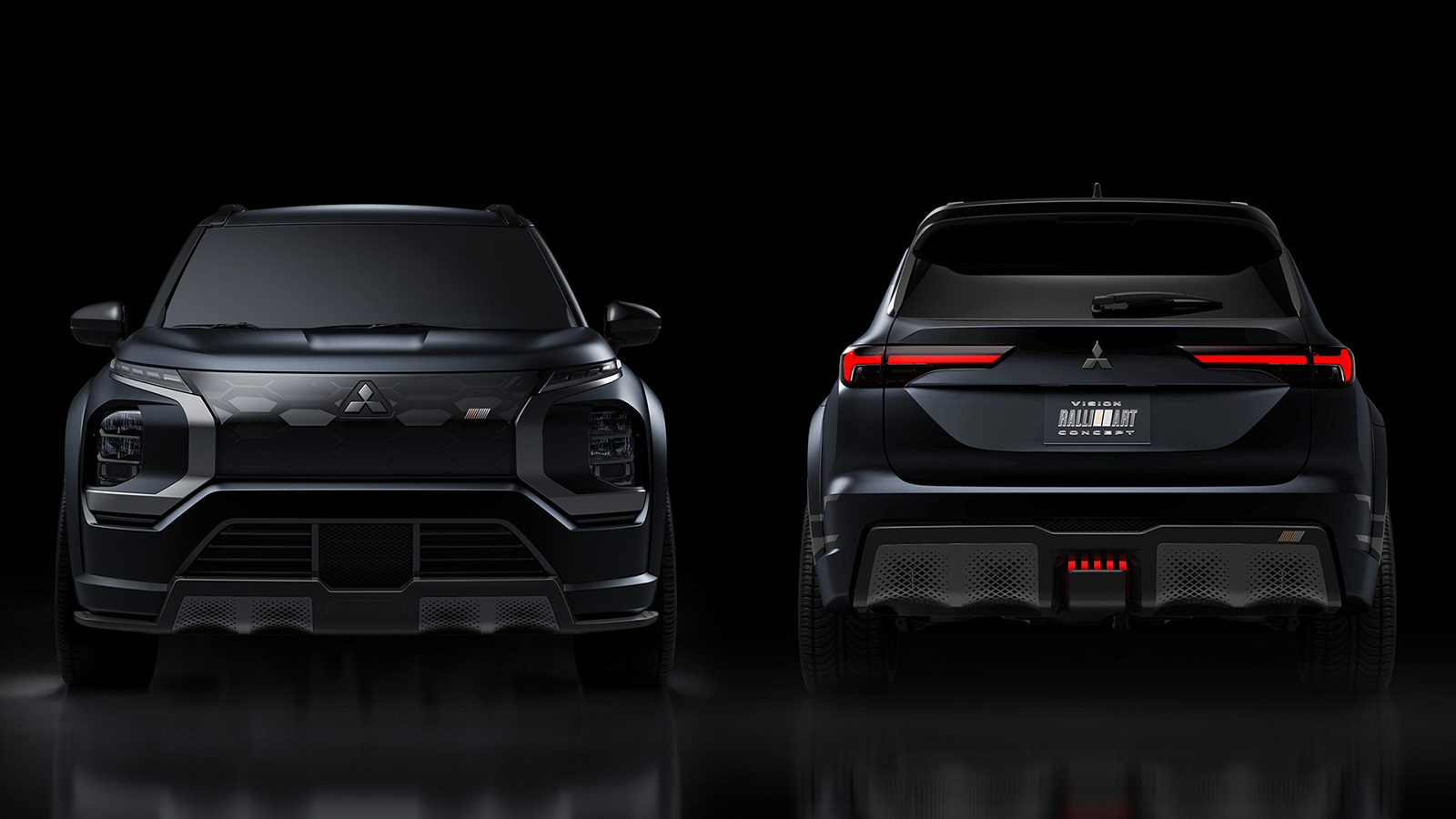 Front and rear views of the Mitsubishi Outlander Vision Ralliart concept, shown at the 2022 Tokyo Auto Salon.