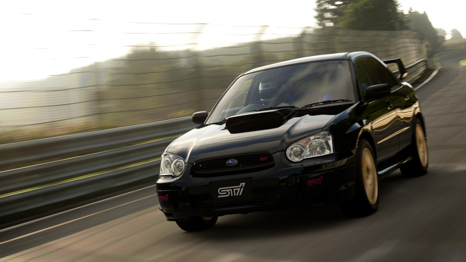 2004 Subaru Impreza WRX STi front-quarter view on track in Gran Turismo 7