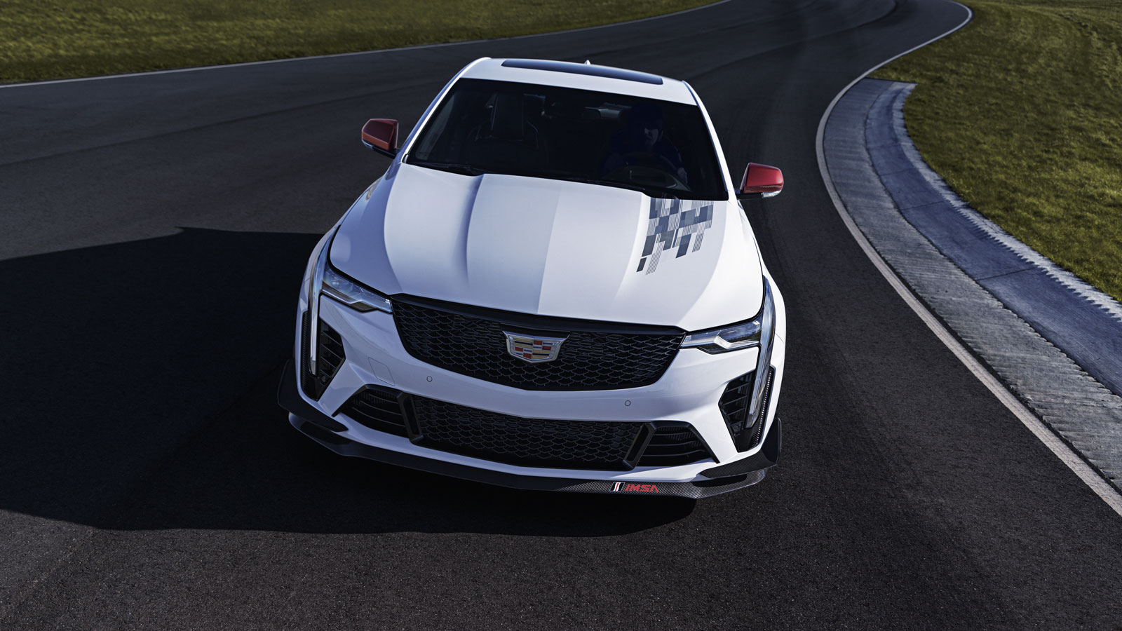 A photo of the white Road Atlanta-inspired Cadillac CT4-V Blackwing sedan