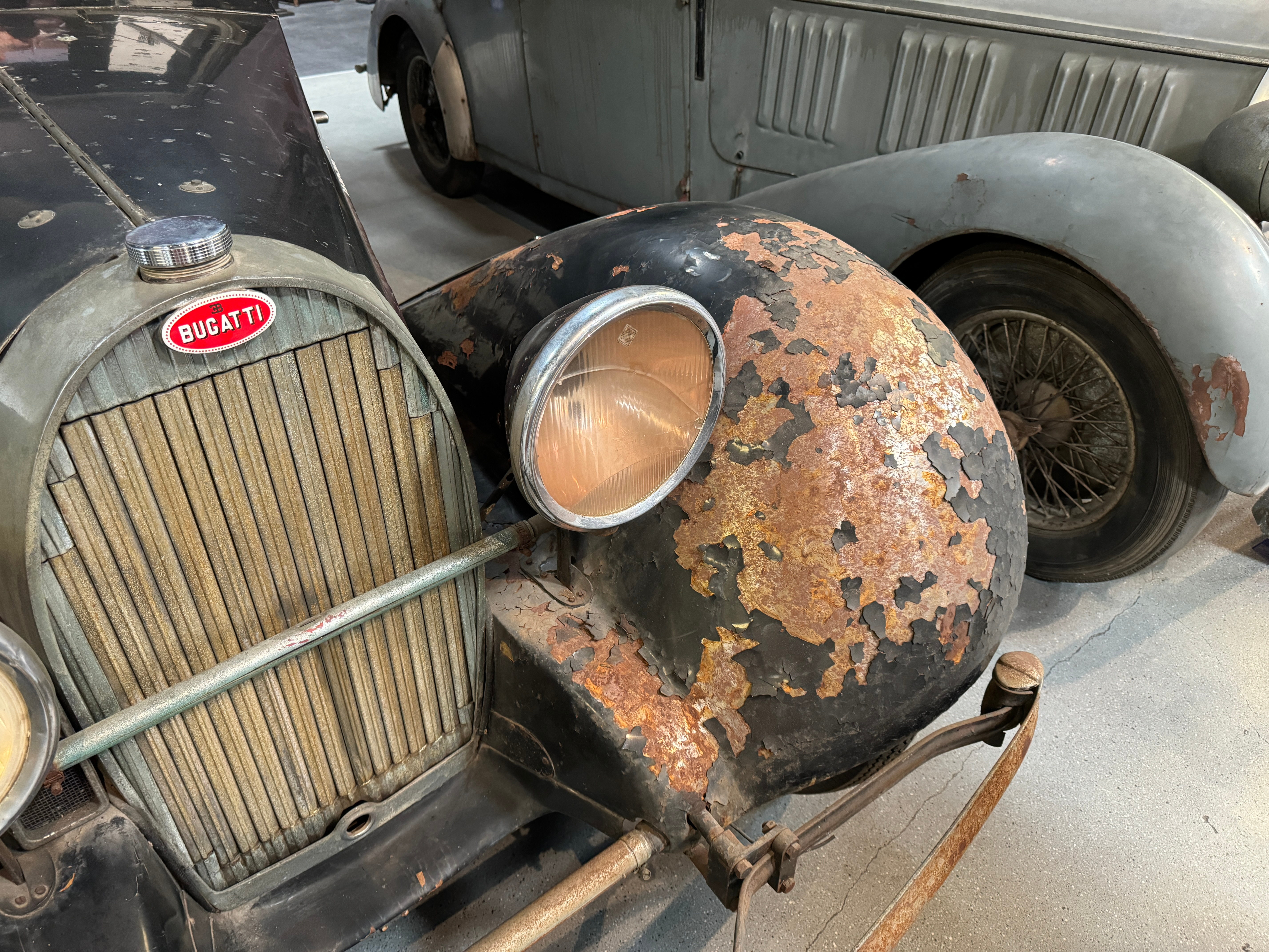 A lineup of barn find pre-war Bugattis