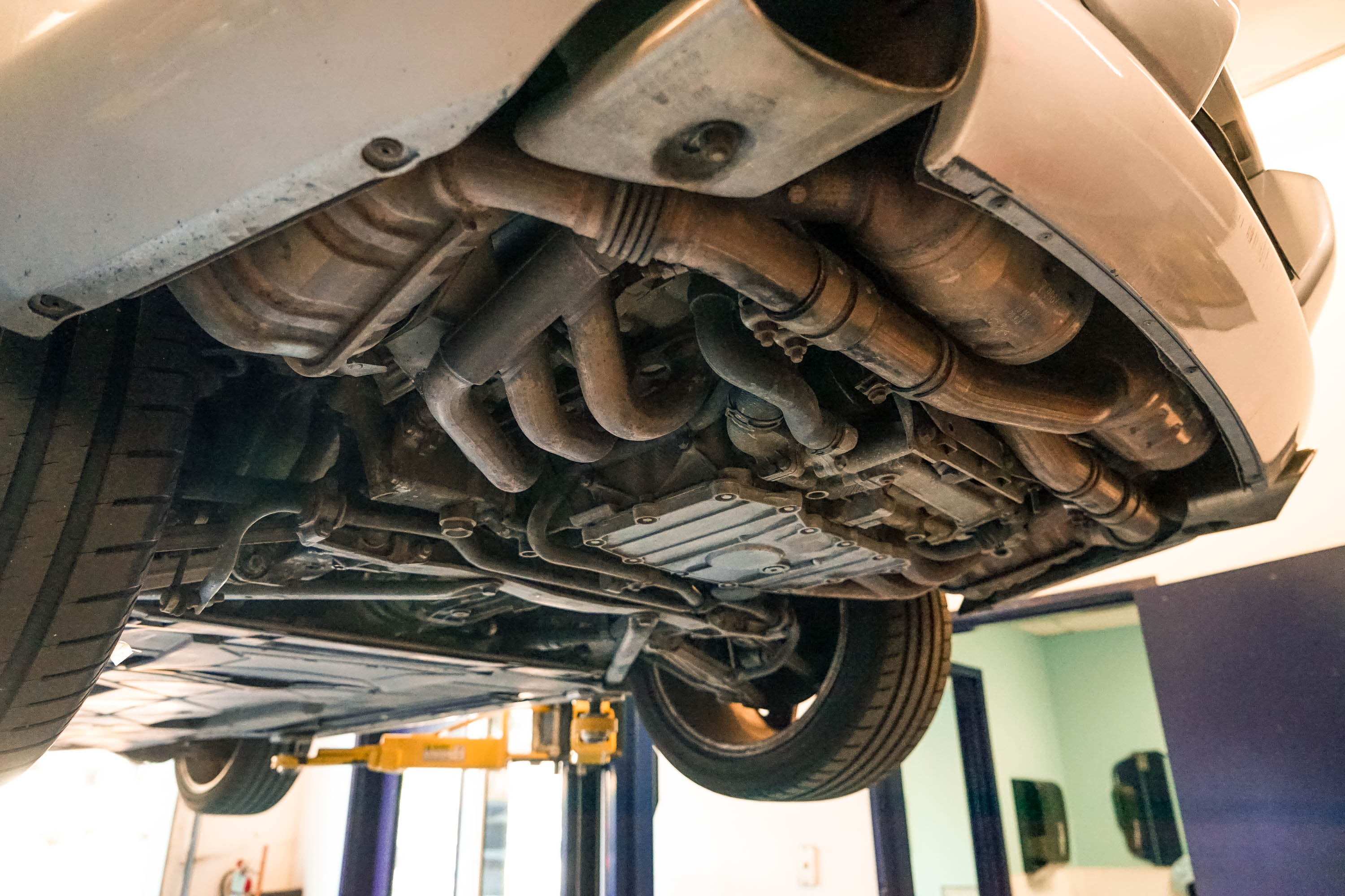 The underside of the engine on a 2003 Porsche 911.