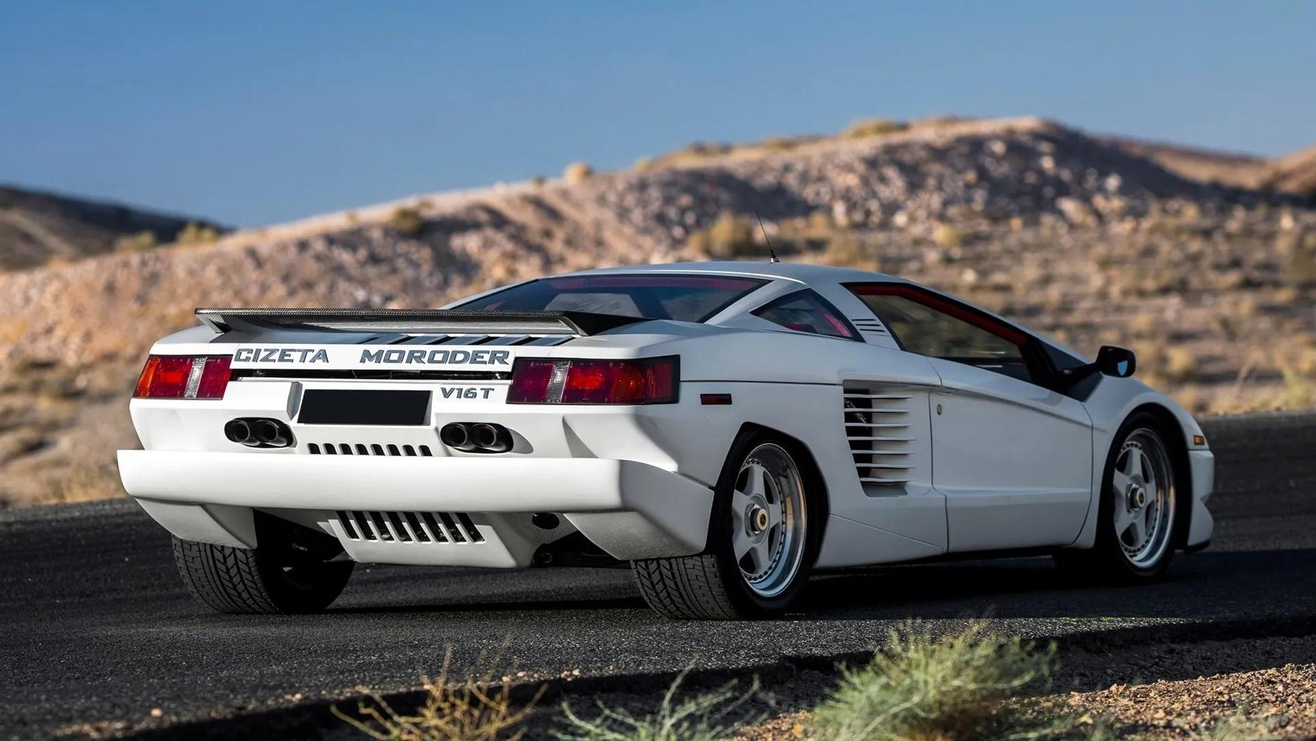 Rear 3/4 view of a white Cizeta-Moroder V16T