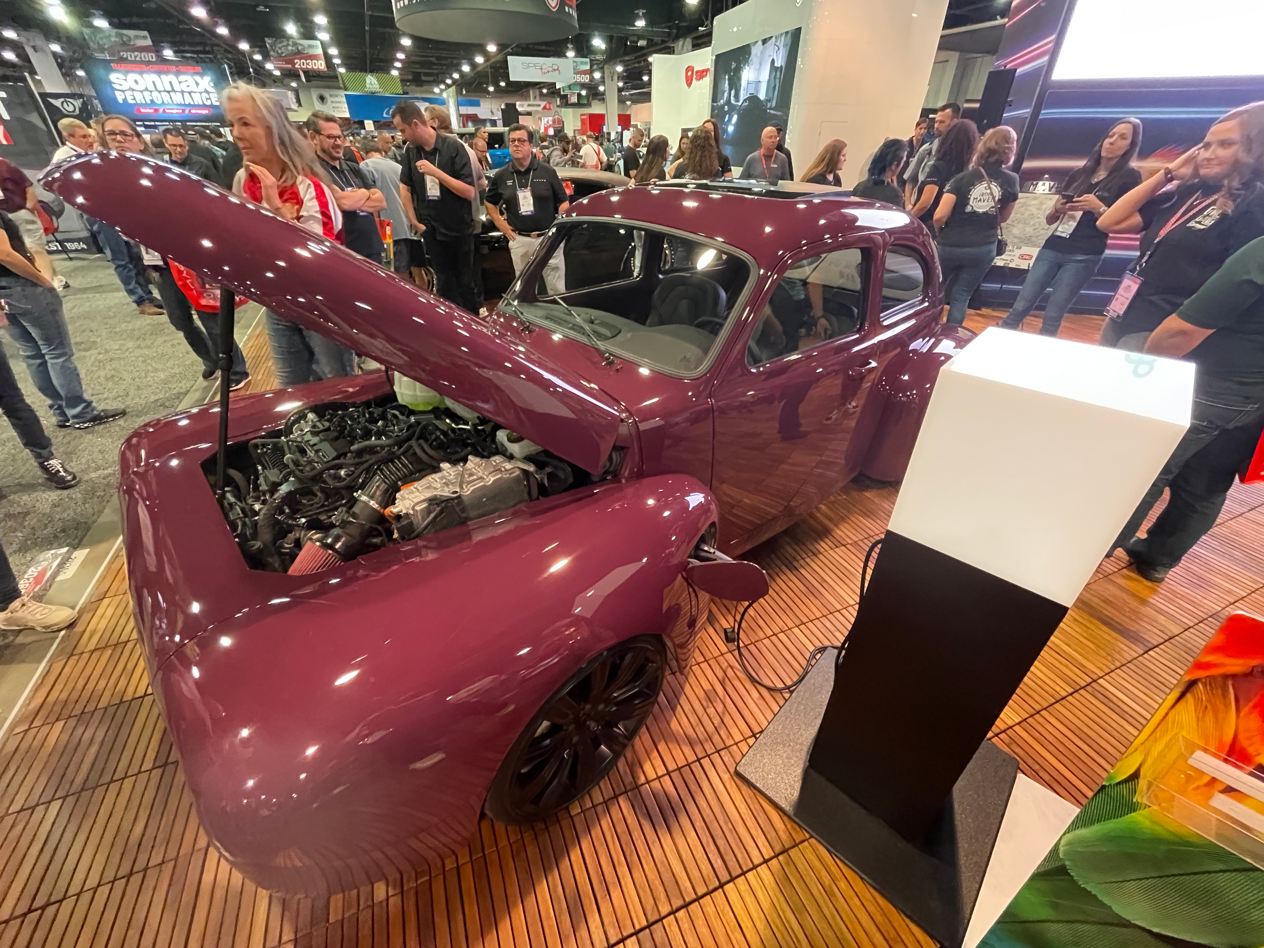 The 1961 Volvo PV544 with a 2019 Volvo S60 hybrid powertrain and chassis, sits on the show floor at SEMA