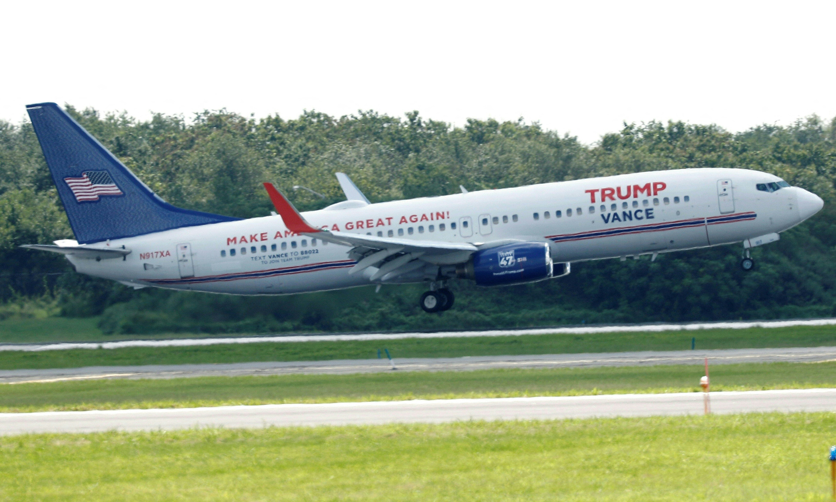 The plane carrying US Senator from Ohio and 2024 Republican vice presidential candidate J.D. Vance, lands at Philadelphia International Airport in Philadelphia, Pennsylvania, on August 19, 2024. 