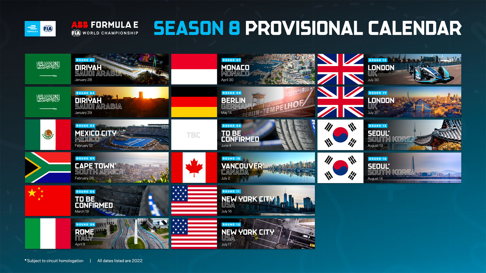 An image of the Season Eight Formula E calendar. 