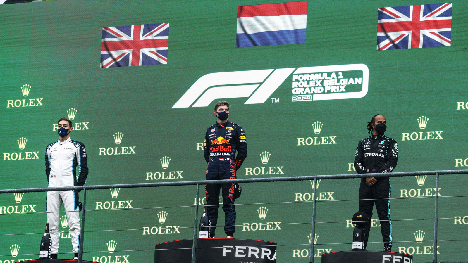 George Russell, Max Verstappen and Lewis Hamilton on the podium in Belgium 