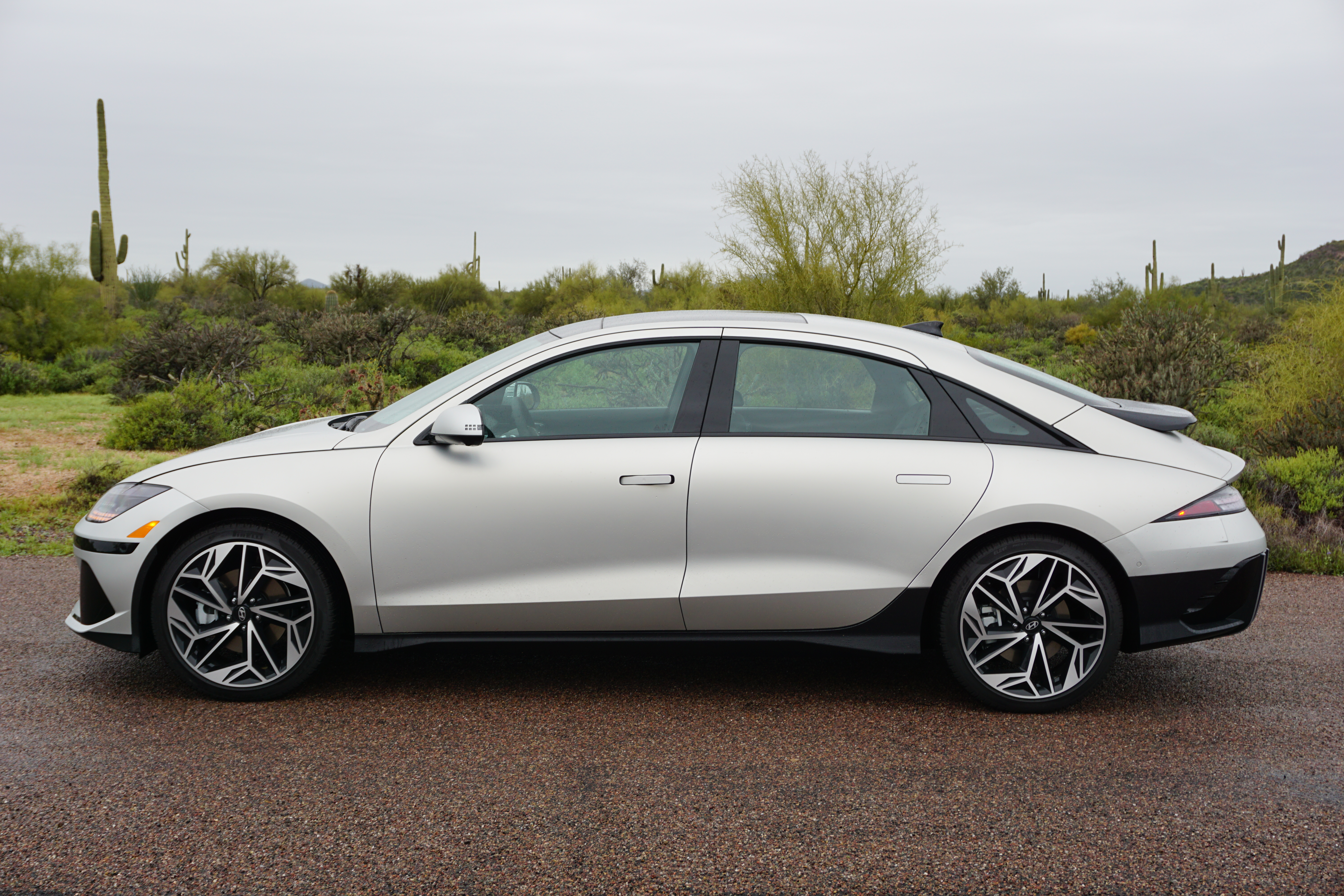 A silver 2023 Hyundai Ioniq 6 EV.