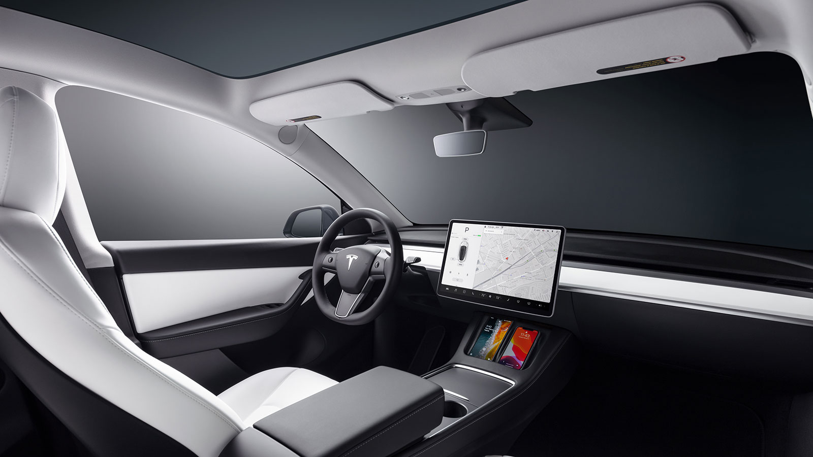 A render of the interior of the Tesla Model Y electric SUV. 