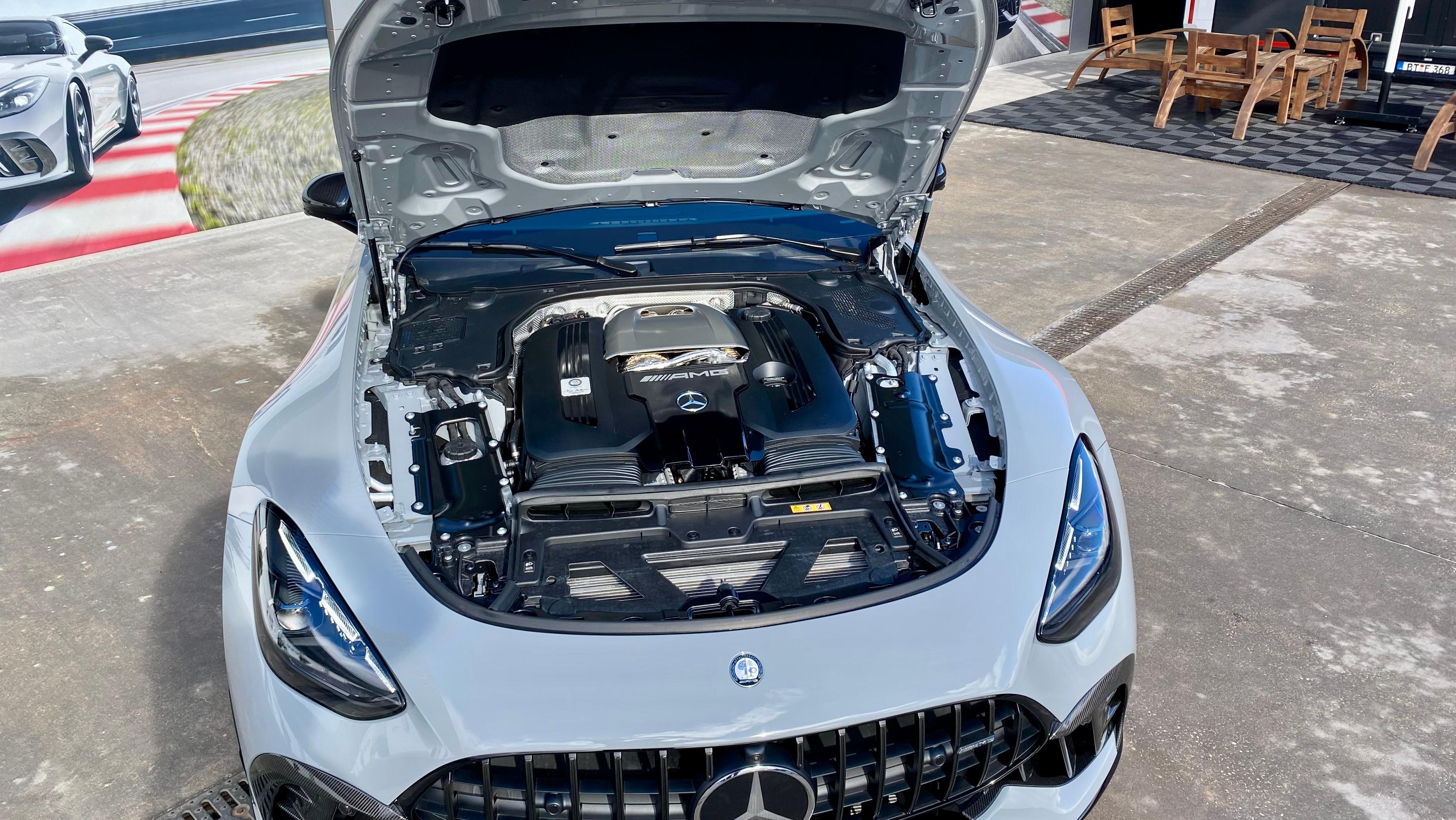 An underhood shot of a gray GT63 Pros twin turbo V8