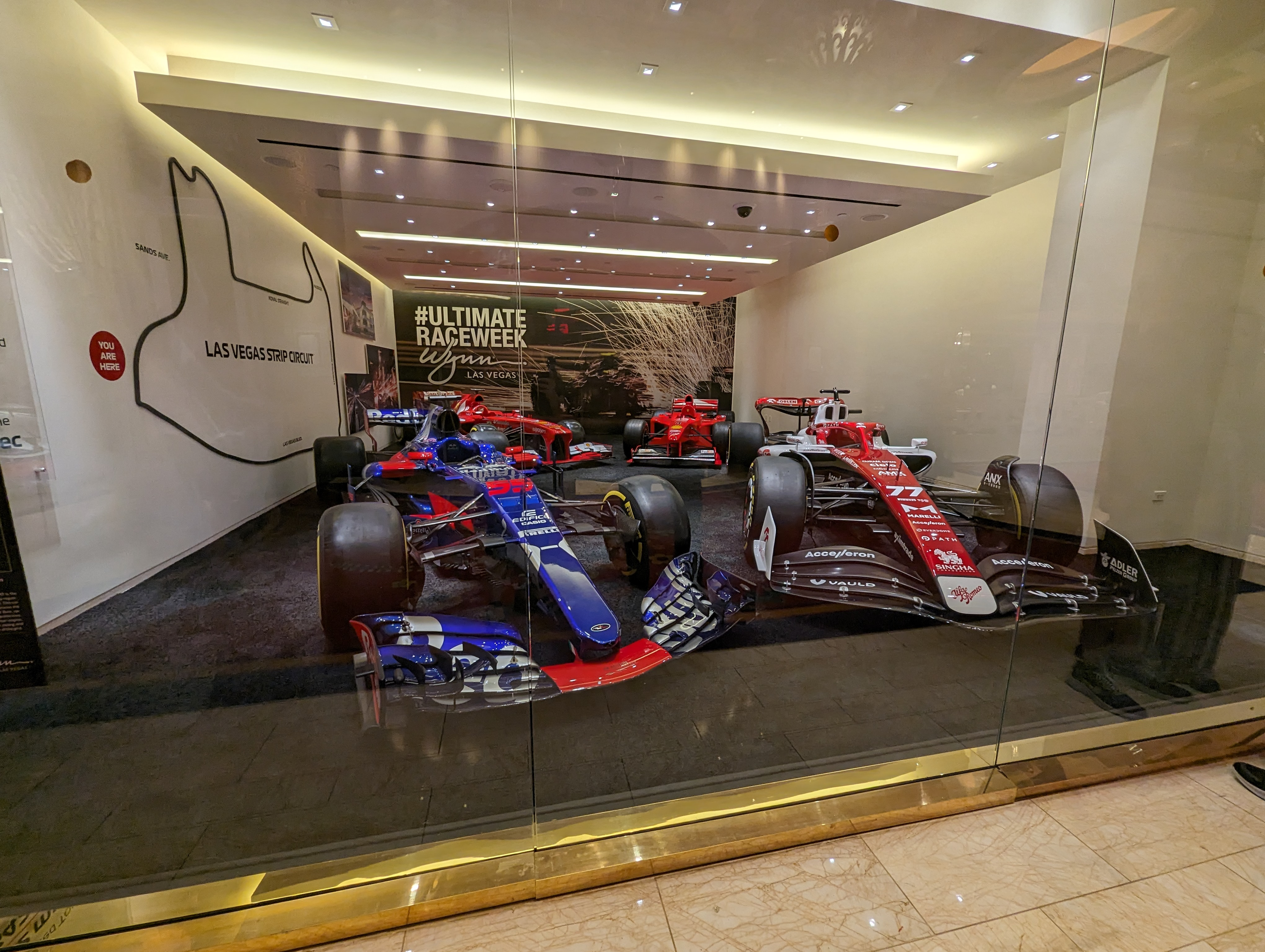 A Petersen Museum display in the Wynn hotel and casino featuring Formula 1 cars