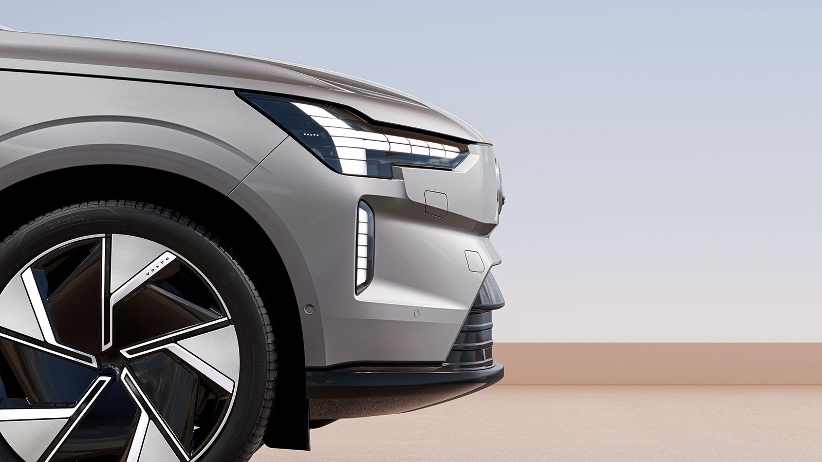 A render of the front end on the Volvo EX90 electric SUV. 