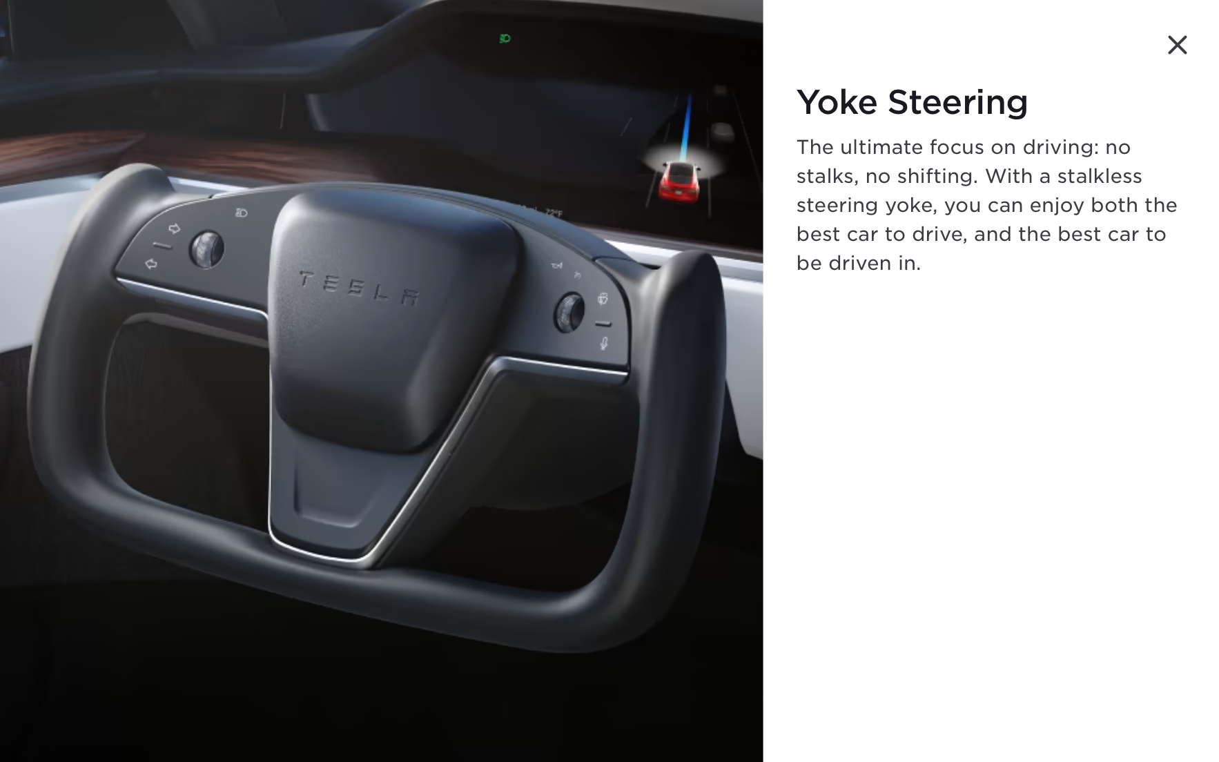 Screenshot of Tesla Model S configuration page explaining the benefits of yoke steering.