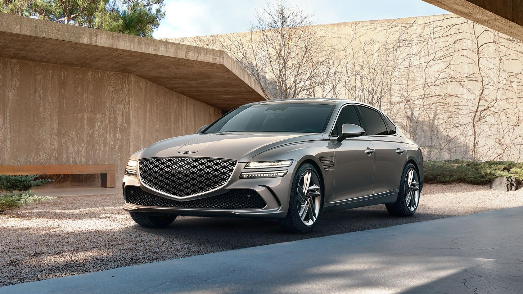 Front 3/4 view of a grey Genesis G80 sedan