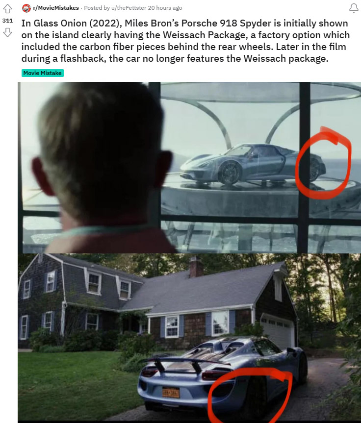 Screenshot of a Reddit post explaining the inconsistency in Glass Onion: A Knives Out Story