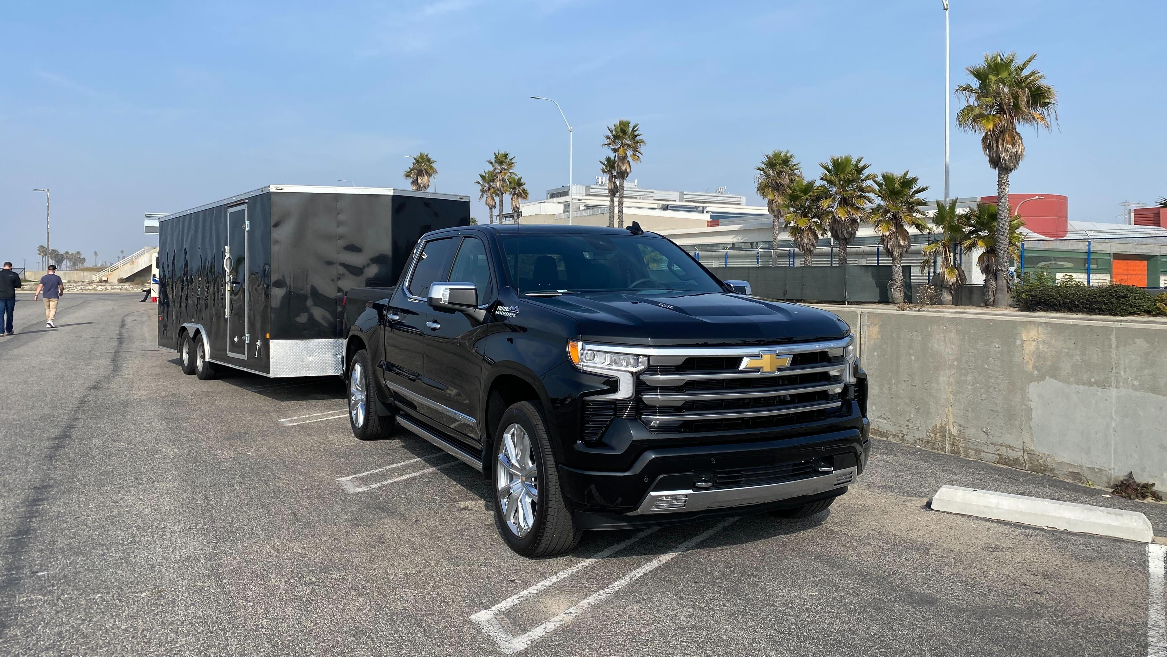 A photo of the rig I towed. A 2024 Chevy Silverado High Country towing a black 23-foot trailer