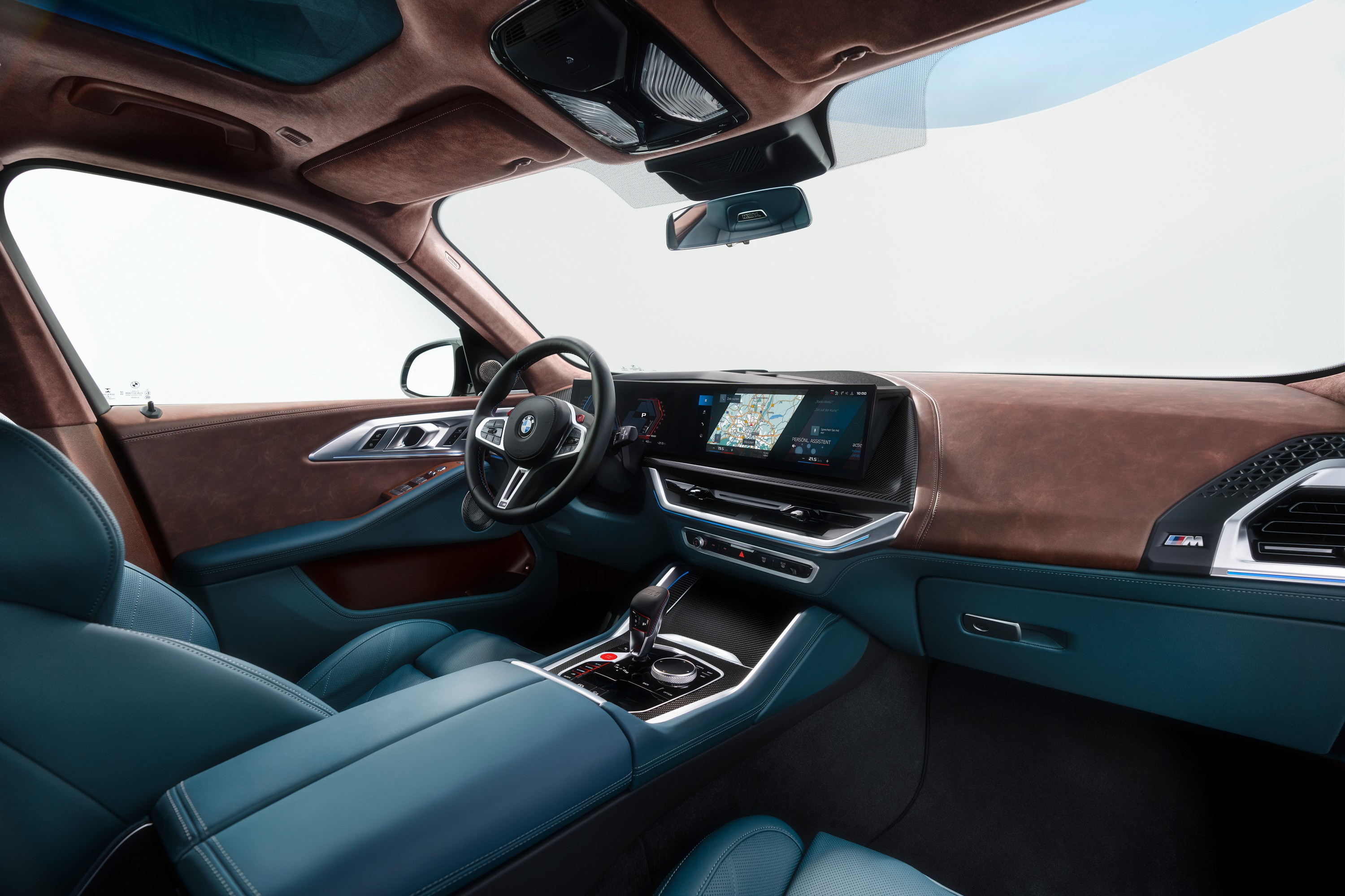 Brown and blue luxury leather SUV interior.