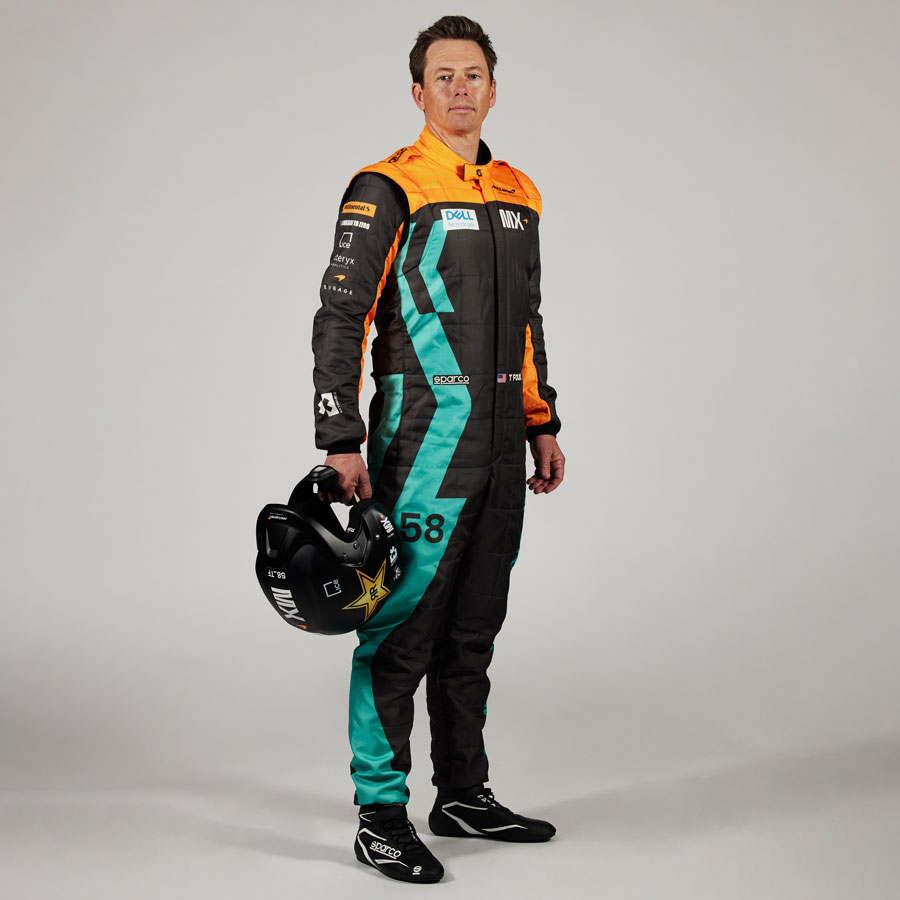 A photo of Tanner Foust in his McLaren overalls. 