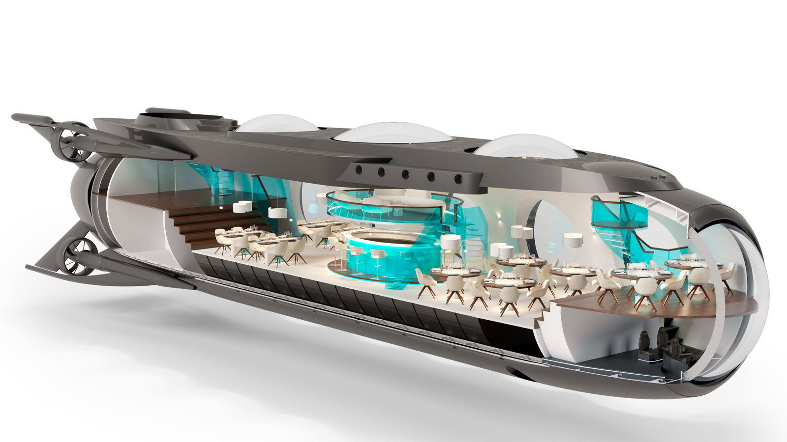 A 3D render of the U-Boat Worx private submarine with chairs and a bar set out. 