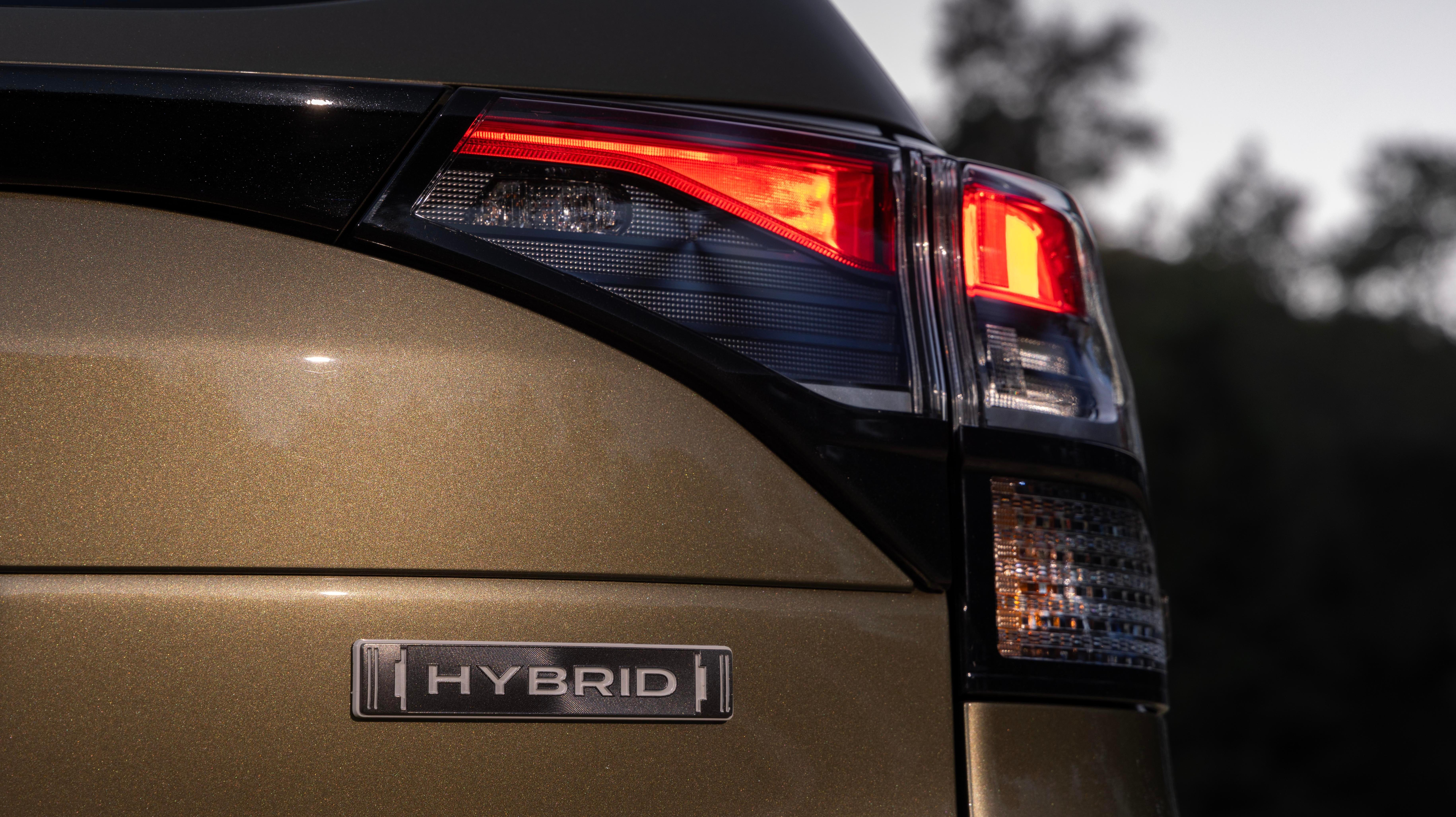 A close-up of the Forester Hybrids badge