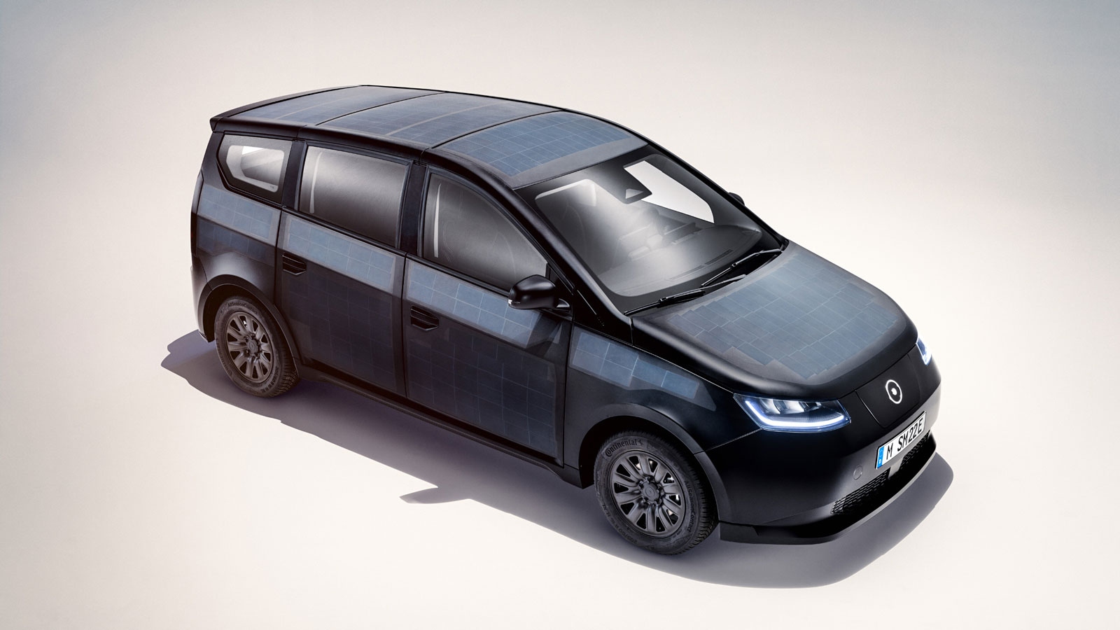 A render of the Sion solar-powered car which is covered in solar cells. 