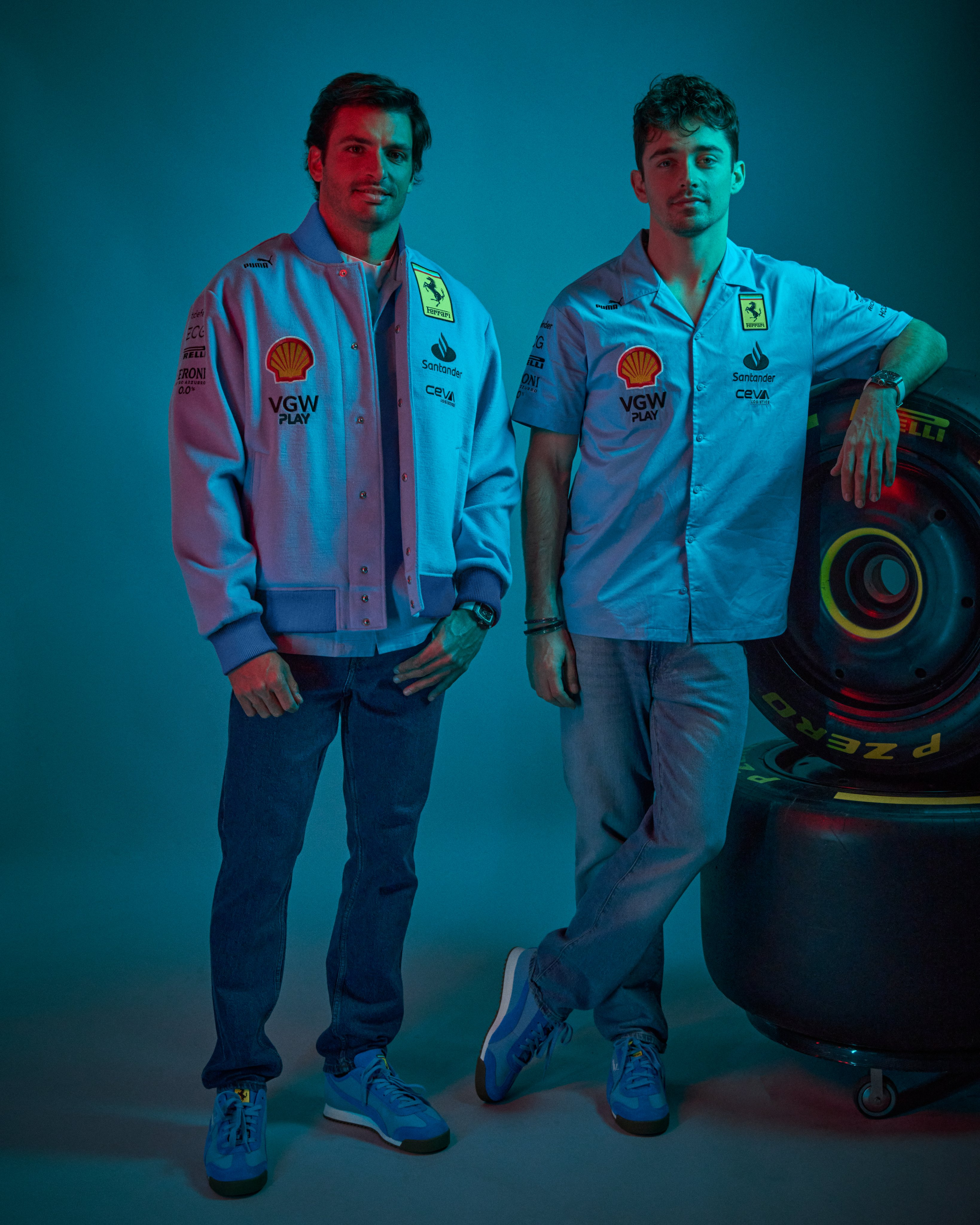 Carlos Sainz and Charles Leclerc in the team's new blue gear