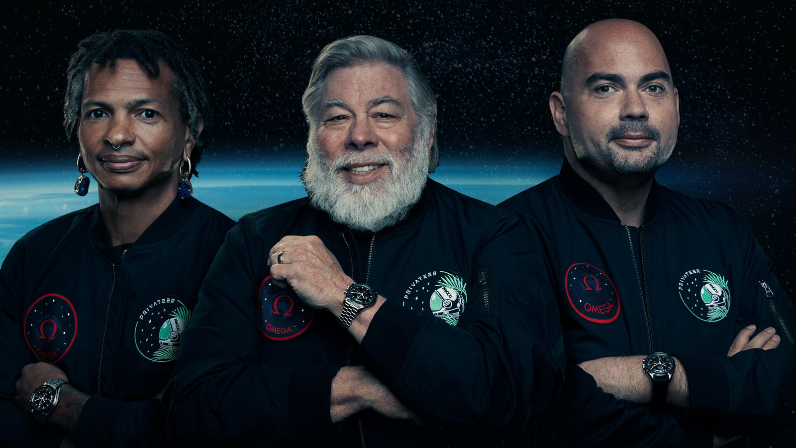 A photo of Moriba Jah, Steve Wozniak and Alex Fielding from Privateer Space. 