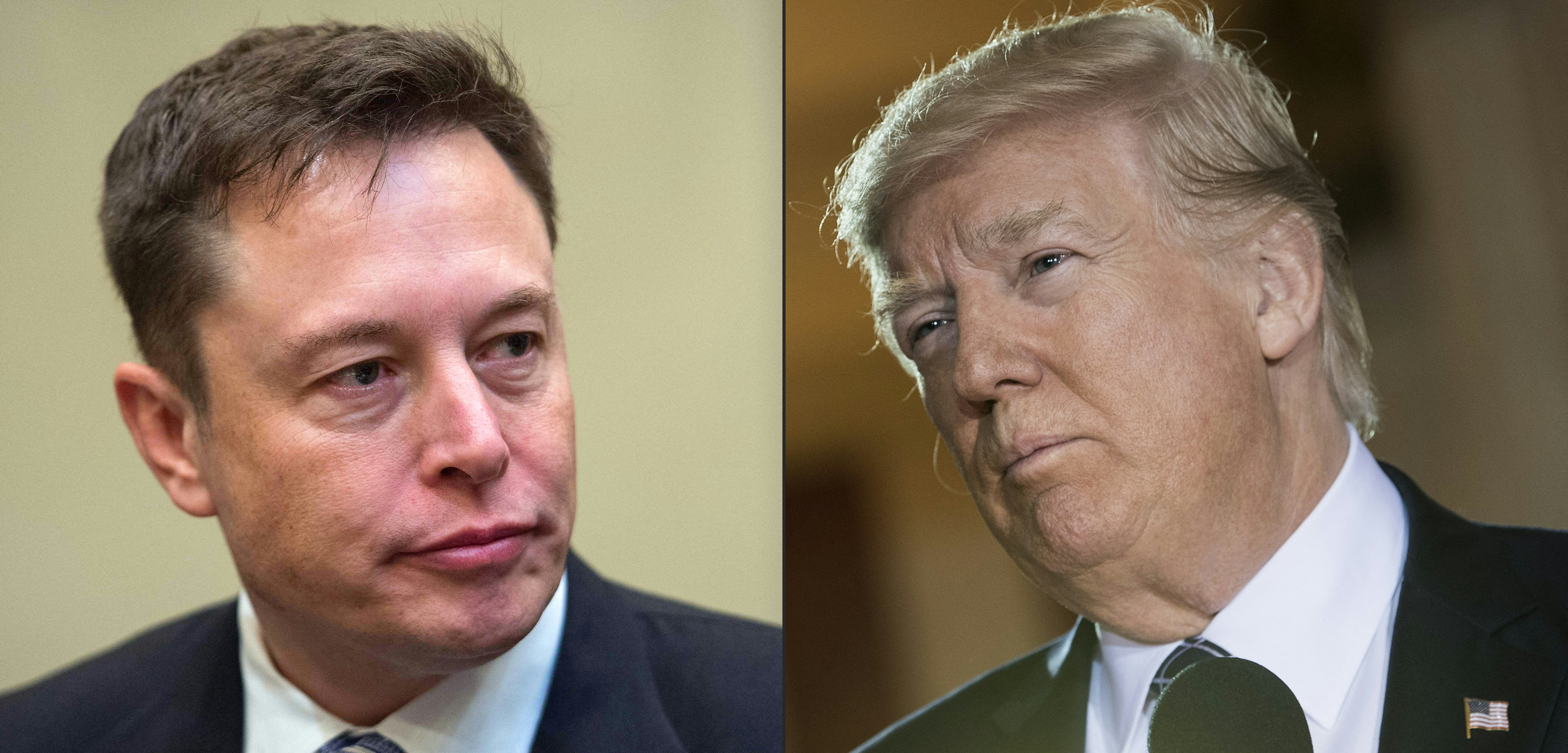 This combination of pictures created on May 31, 2017 shows a file photo taken on January 23, 2017 showing SpaceX CEO Elon Musk listening to US President Donald Trump speak during a meeting with business leaders in the Roosevelt Room at the White House in Washington, DC, on January 23, 2017. In file photo taken on April 25, 2017 showing US President Donald Trump pause while speaking during the Holocaust Memorial Museum's National Days of Remembrance at the US Capitol April 25, 2017 in Washington, DC. - Tesla founder and technology luminary Elon Musk said on May 31, 2017 he would quit President Donald Trump's business advisory councils if Washington pulls out of the Paris climate accord.