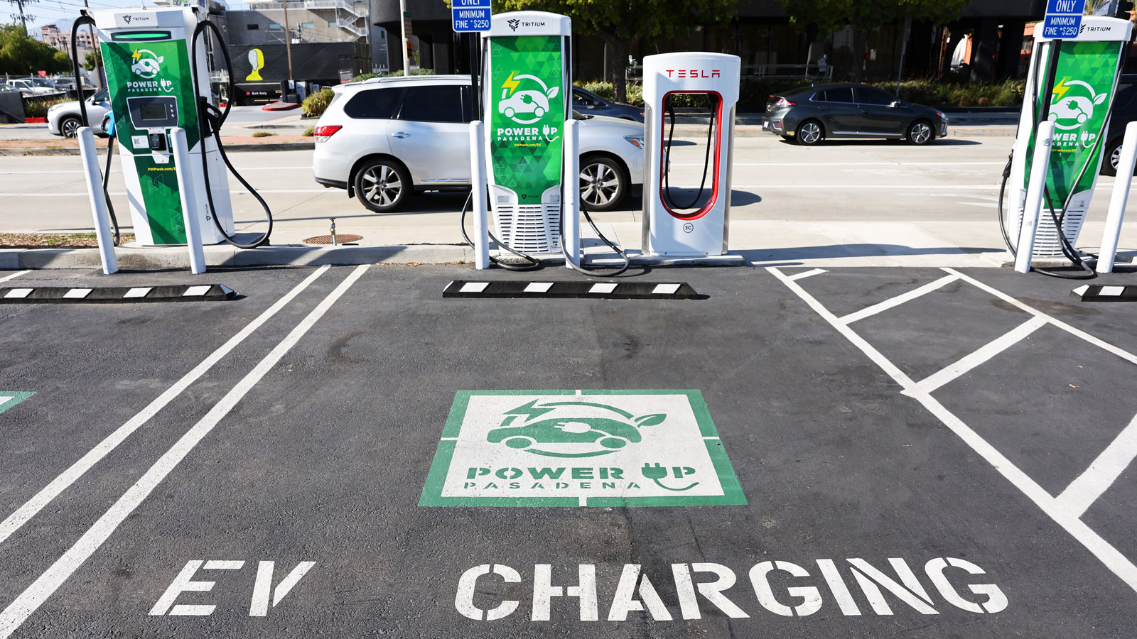 A photo of an EV charging parking space in California.