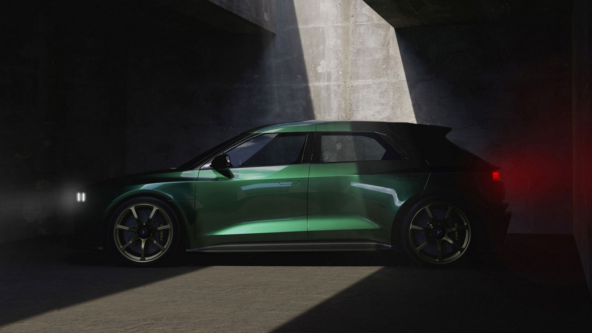 Rendering of the Vanwall Vandervell EV, viewed in profile.