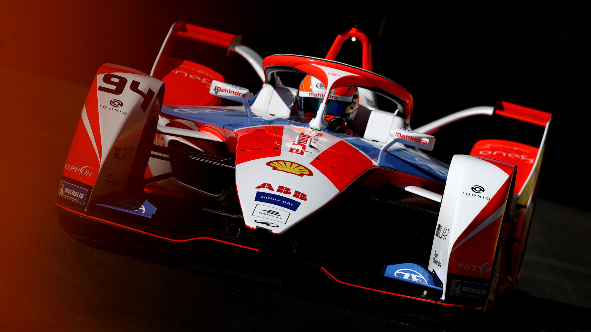 A Mahindra Formula E car racing. 