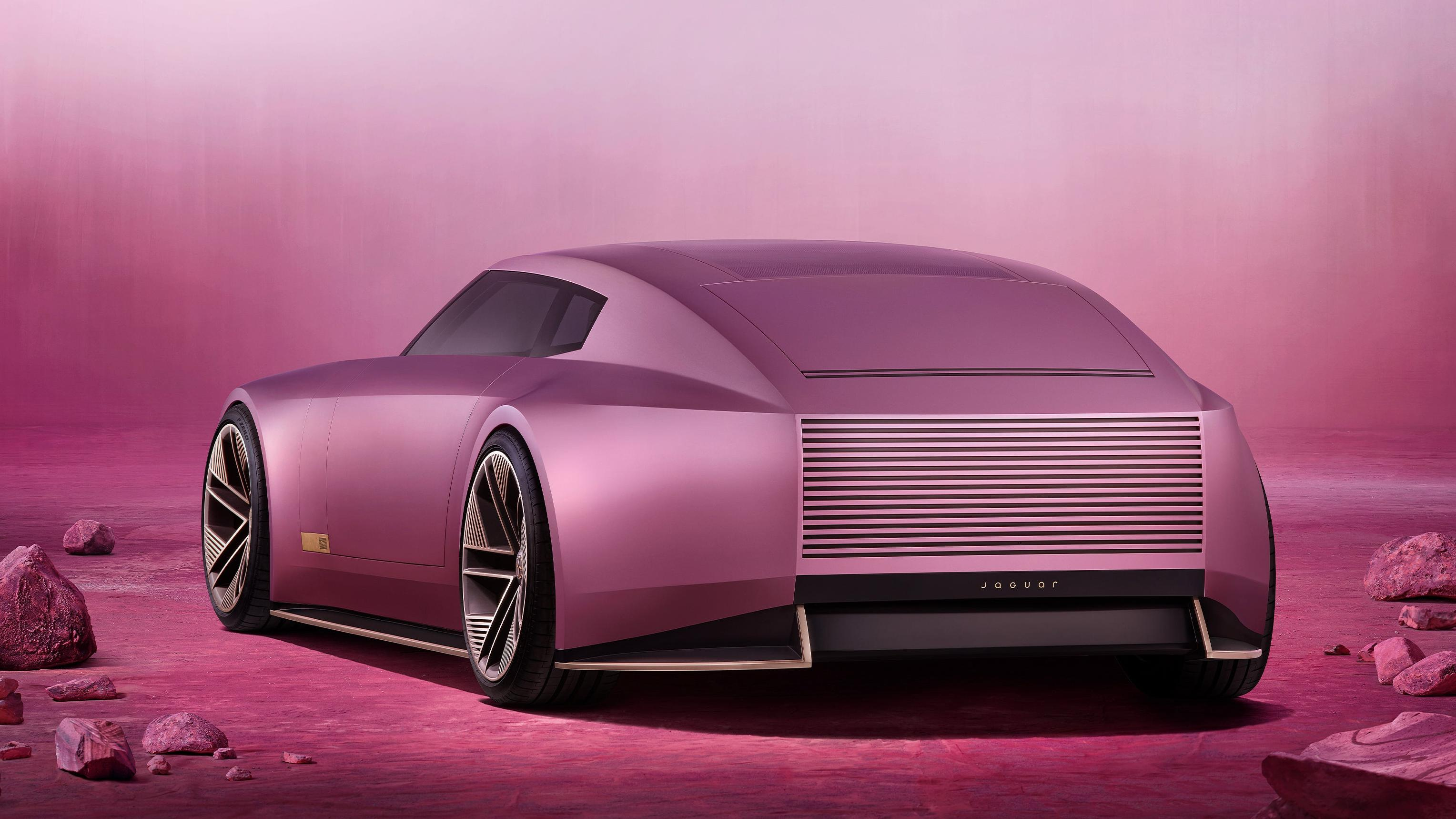 Rear 3/4 view of the pink Jaguar Type 00 concept