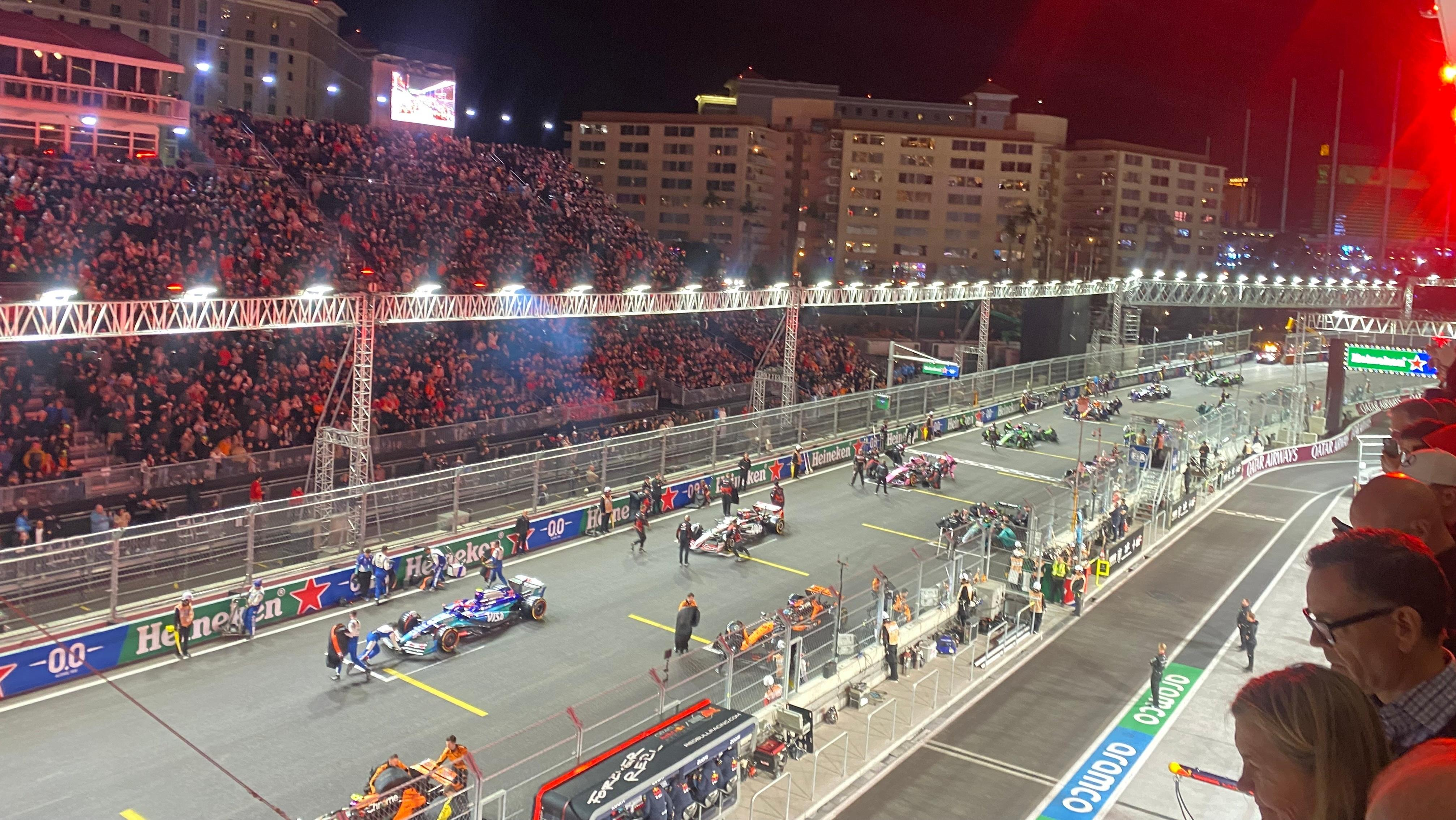 A photo of all the cars lined up on the grid before the race started