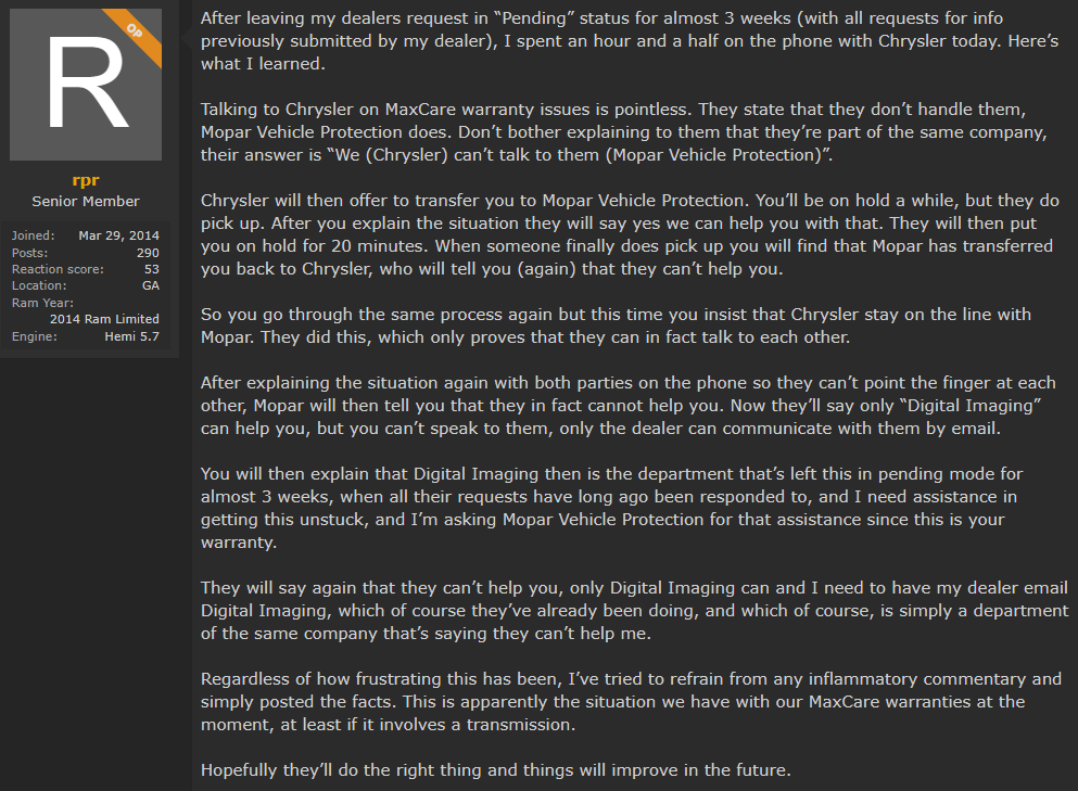 Screenshot of an owner explaining their experience trying to find information about their Ram's Lifetime Maximum Care warranty claim.