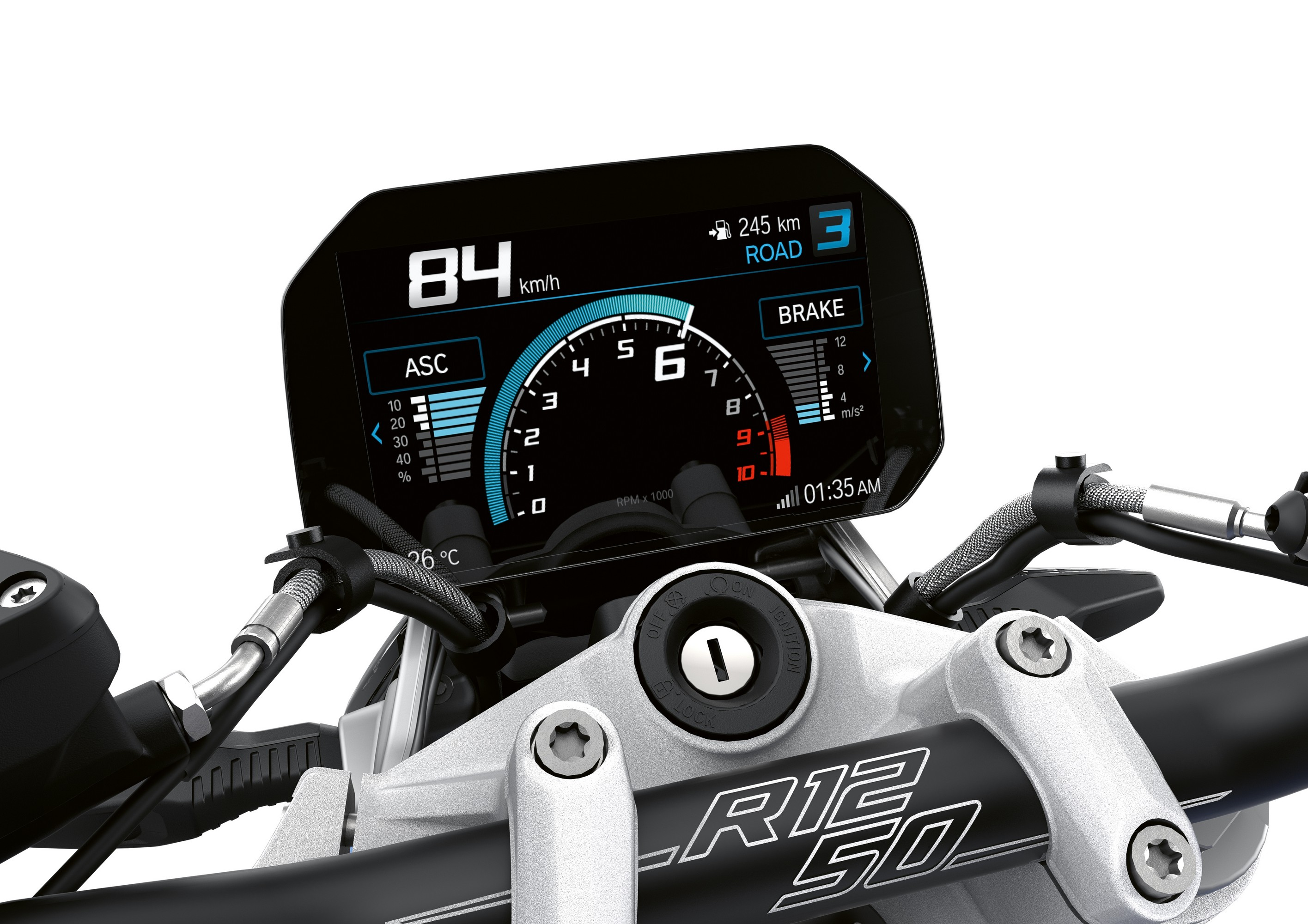 An LCD dash screen on a BMW R1250 R motorcycle.