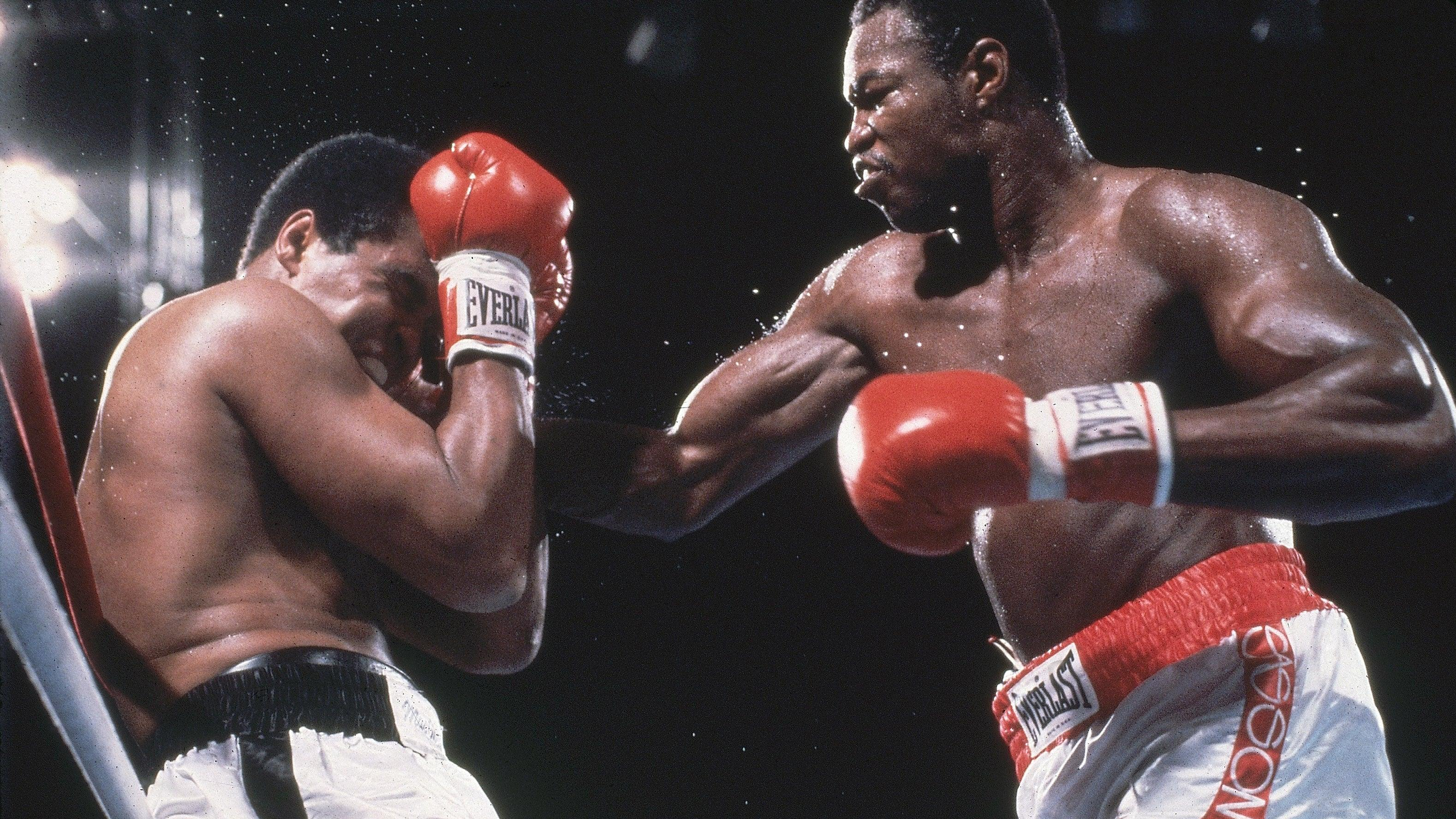 Larry Holmes in action vs Muhammad Ali at Caesars Palace. Ali ended a two-year retirement to fight Holmes for the title at the age of 38, losing in the 11th round.