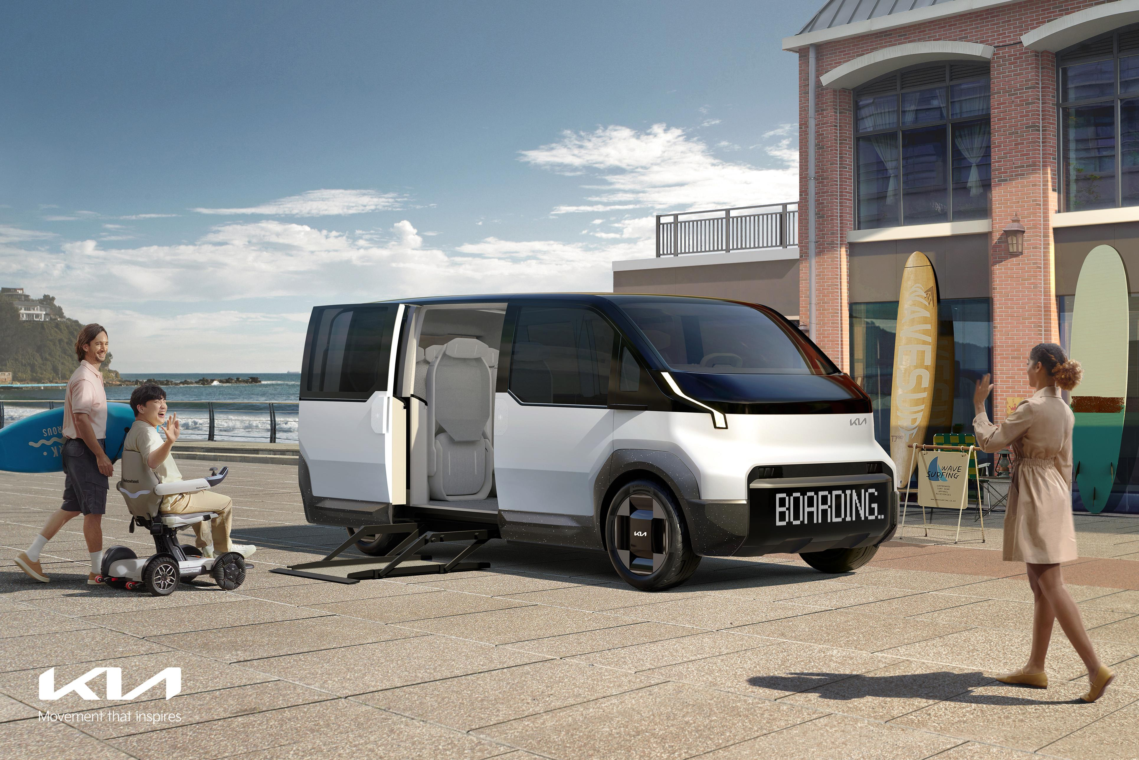 A render of a PV5 with wheelchair accessibility. The grille is a screen that reads 