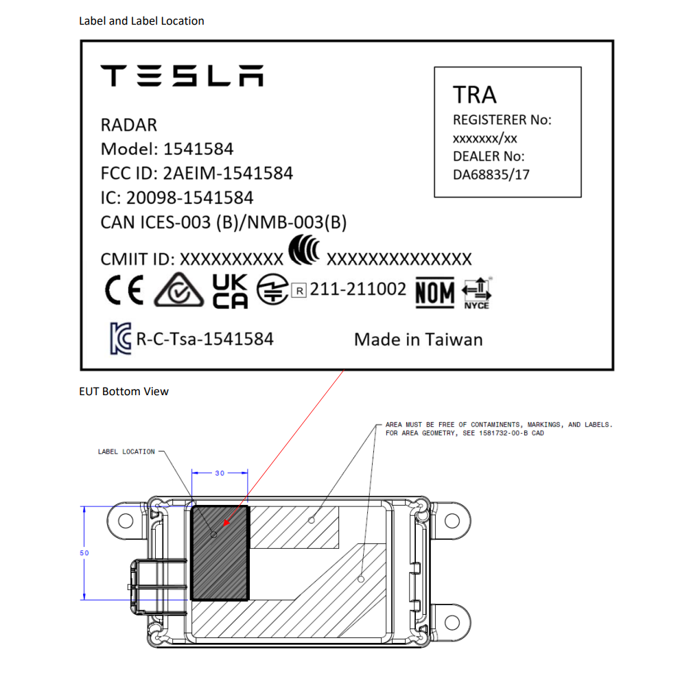 Tesla FCC filing, showing a diagram of the company's latest radar device