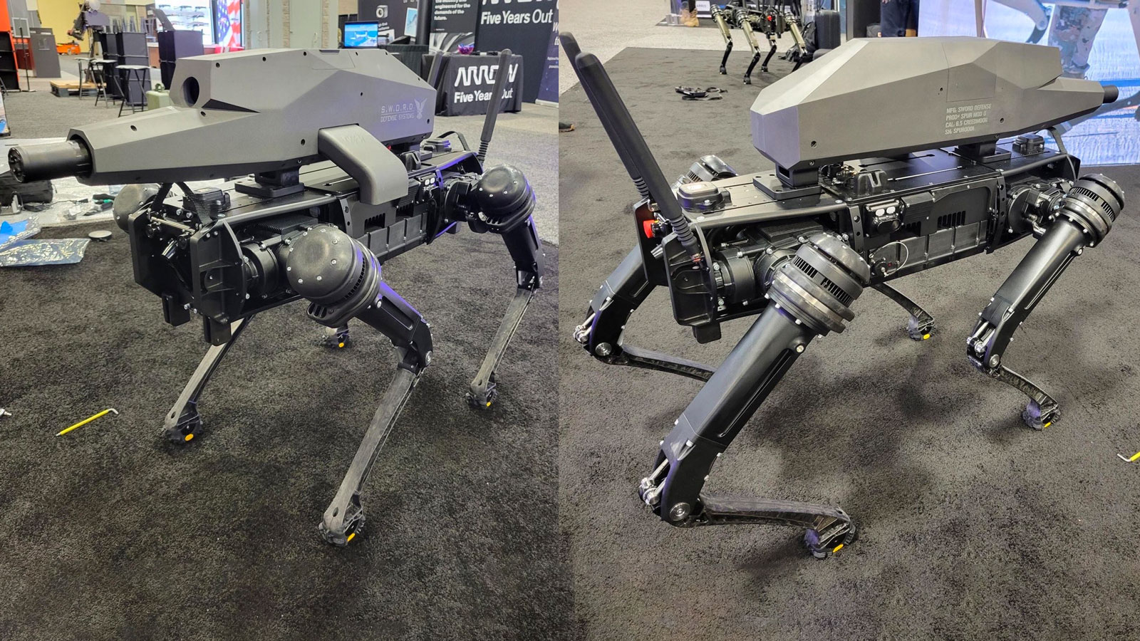 Two images of the Sword robot dog with a rifle strapped to its back 