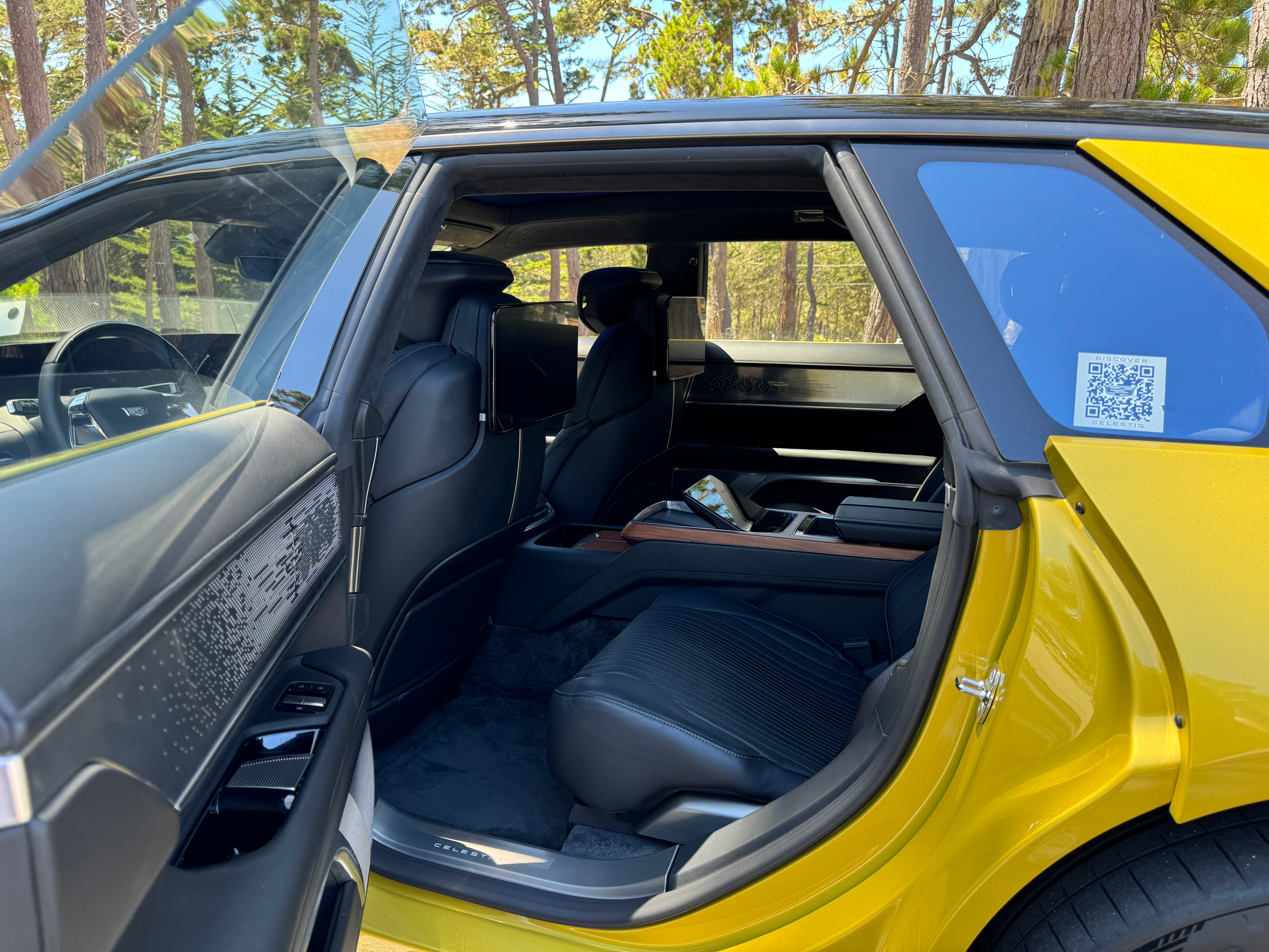 Rear seat of a yellow Cadillac Celestiq