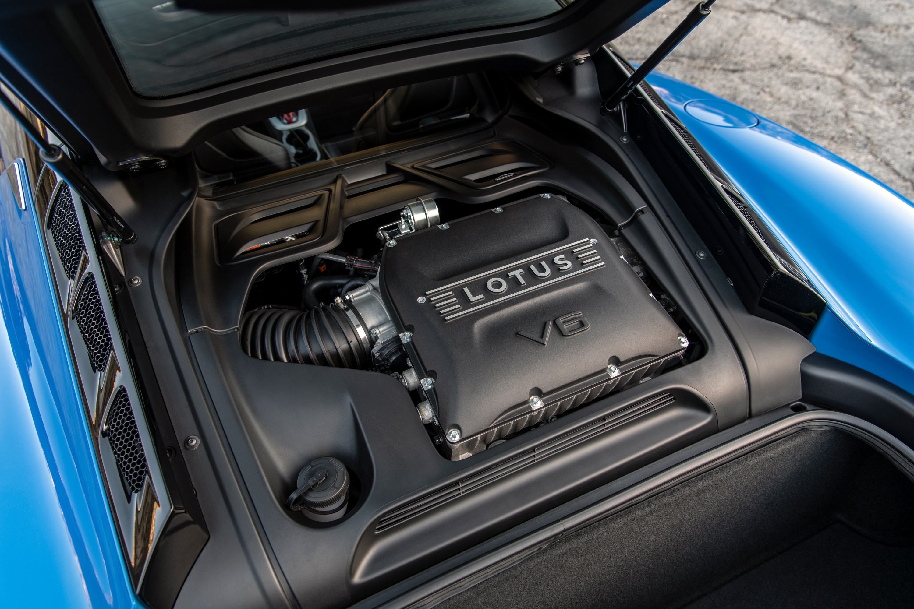 The supercharged 3.5-liter V6 engine of the 2023 Lotus Emira