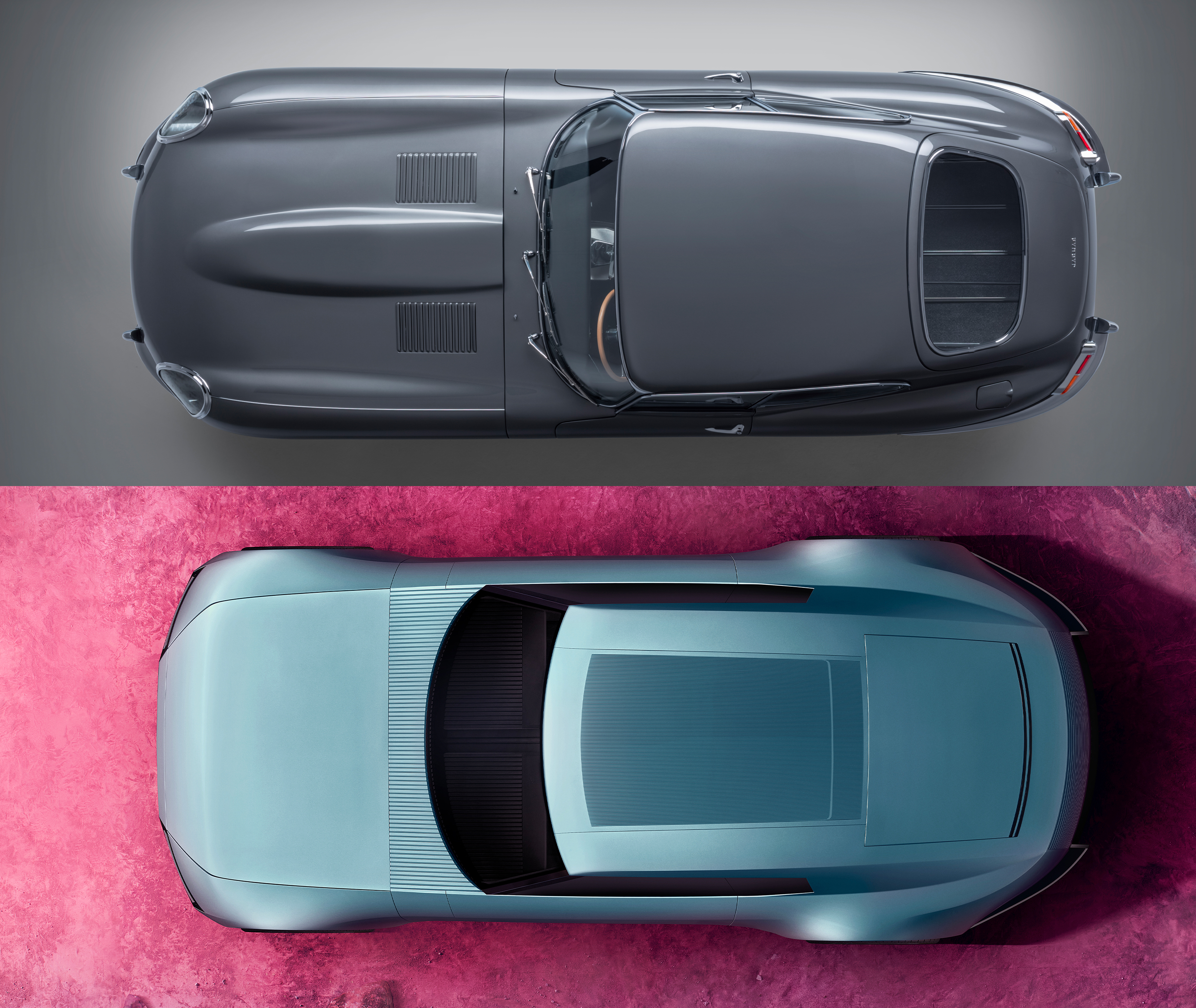 Collage showing the top-down views of a grey Jaguar E-Type Coupe and the blue Jaguar Type 00 concept